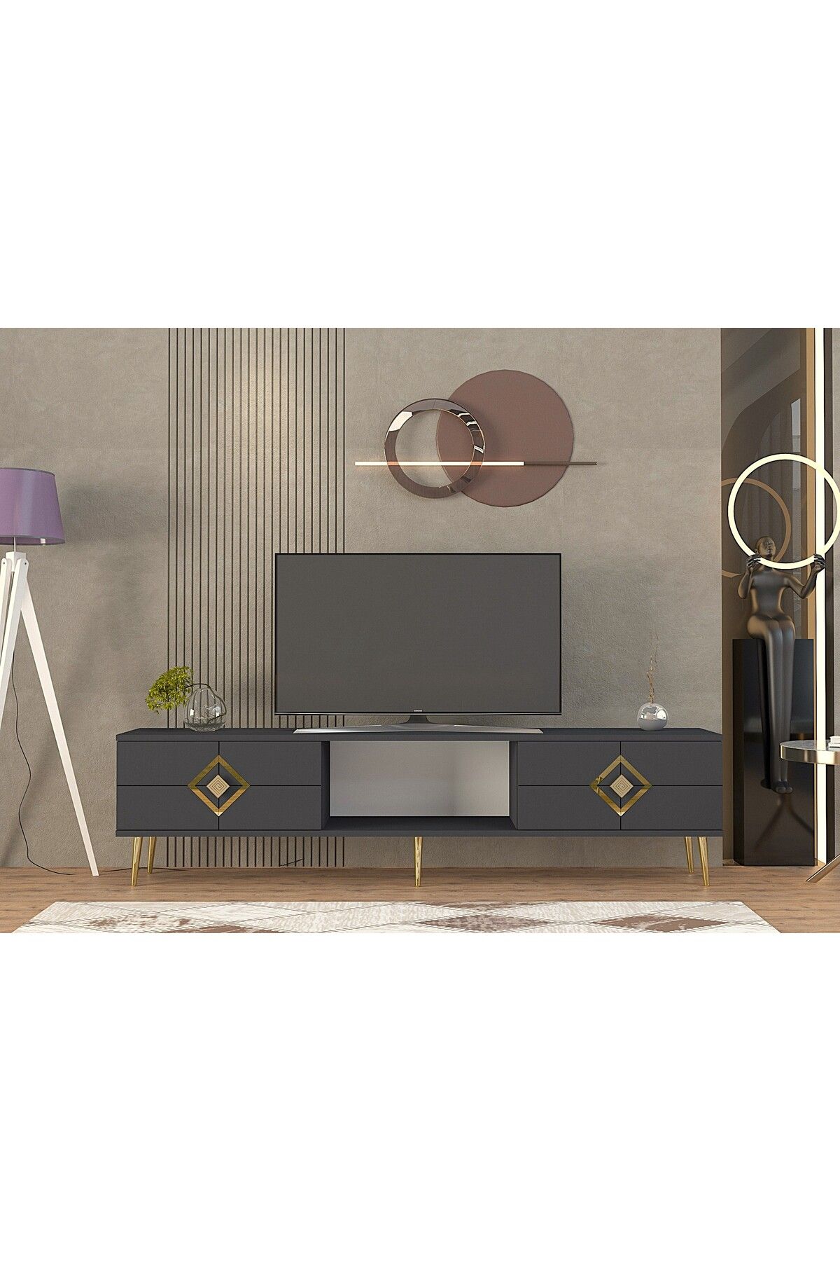 DEMONTE DECOR ROBBERDD TV SEHPASI ANTRASİT-ALTIN