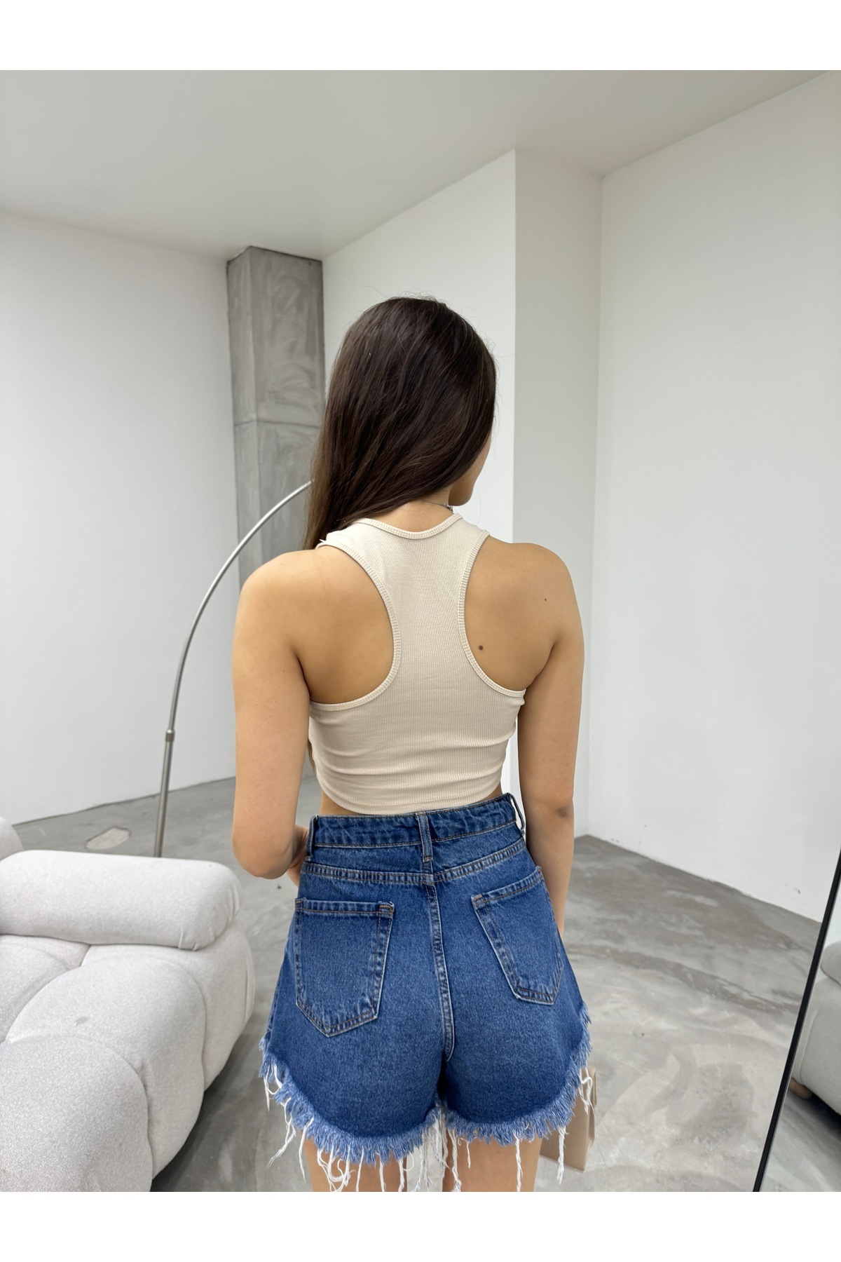 Kadın Oval Yaka Pamuklu fitilli Kaşkorse Crop Atlet Krem 3