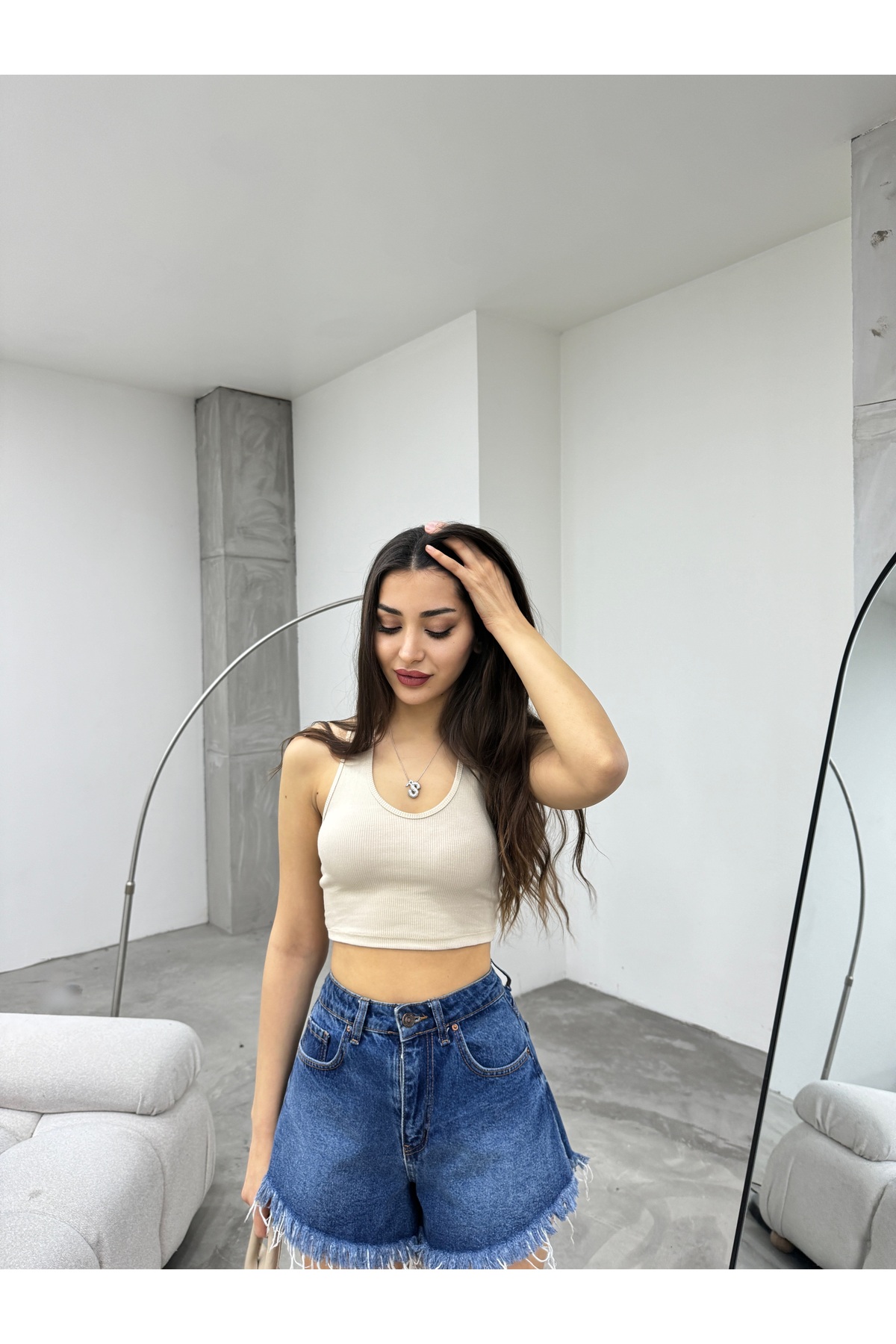 Kadın Oval Yaka Pamuklu fitilli Kaşkorse Crop Atlet Krem 6