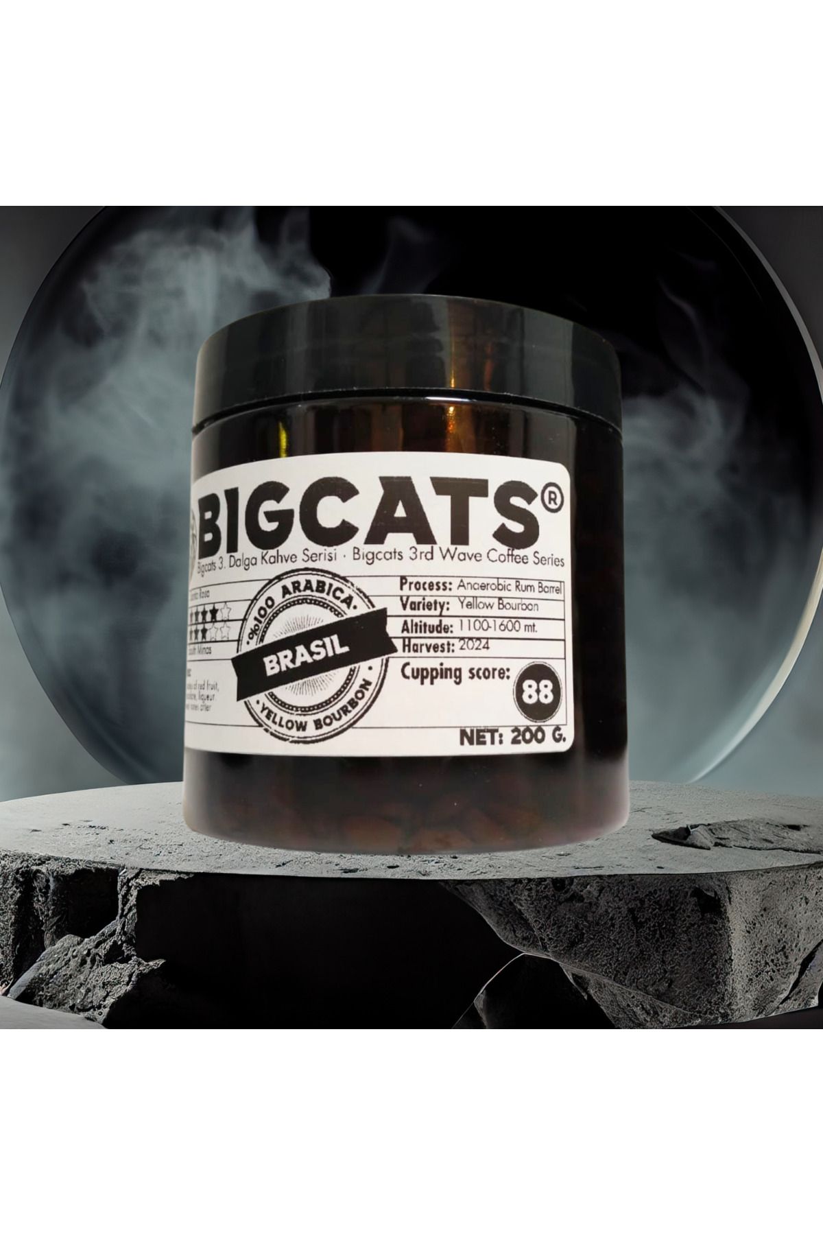 Bigcats Brezilya Santa Rosa Yellow Bourbon Rum Barrel Anaerobic Çekirdek Kahve