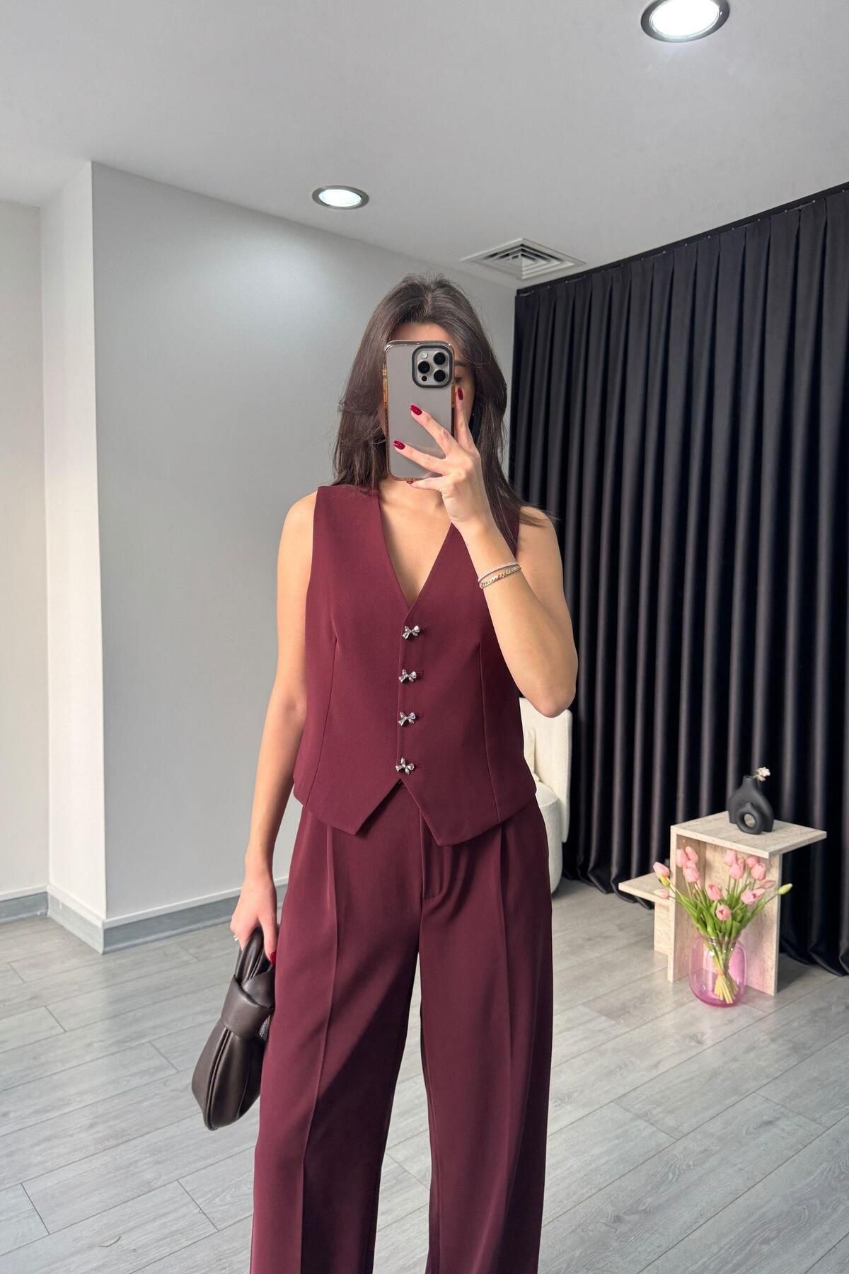 ECEMİ-Elisa Burgundy Vest Pants Set 2