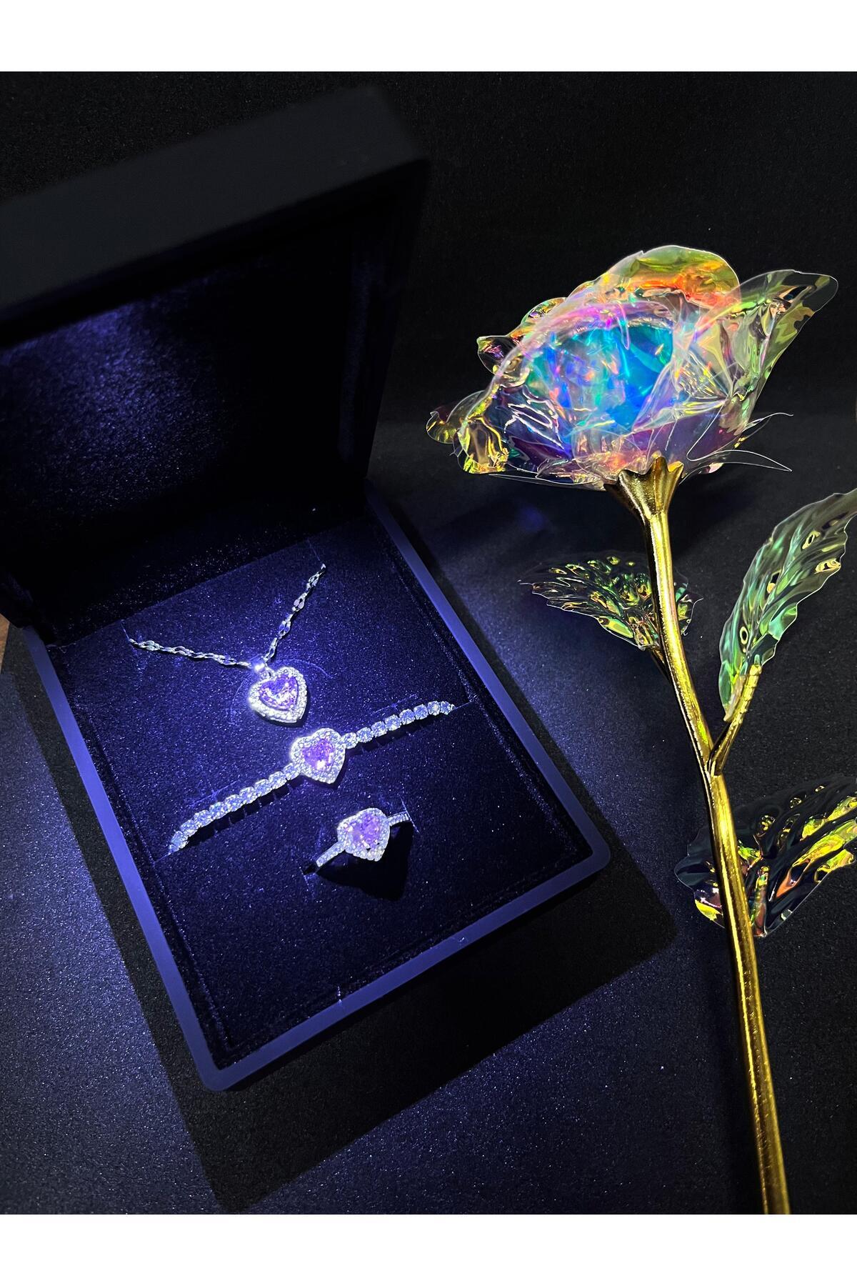 Sepetten Eve Işıklı Kutuda 3 Lü Çelik Kolye Kalpli Yüzük Bileklik Seti Sonsuzluk Gülü 14 Şubat Yılbaşı Hediyesi