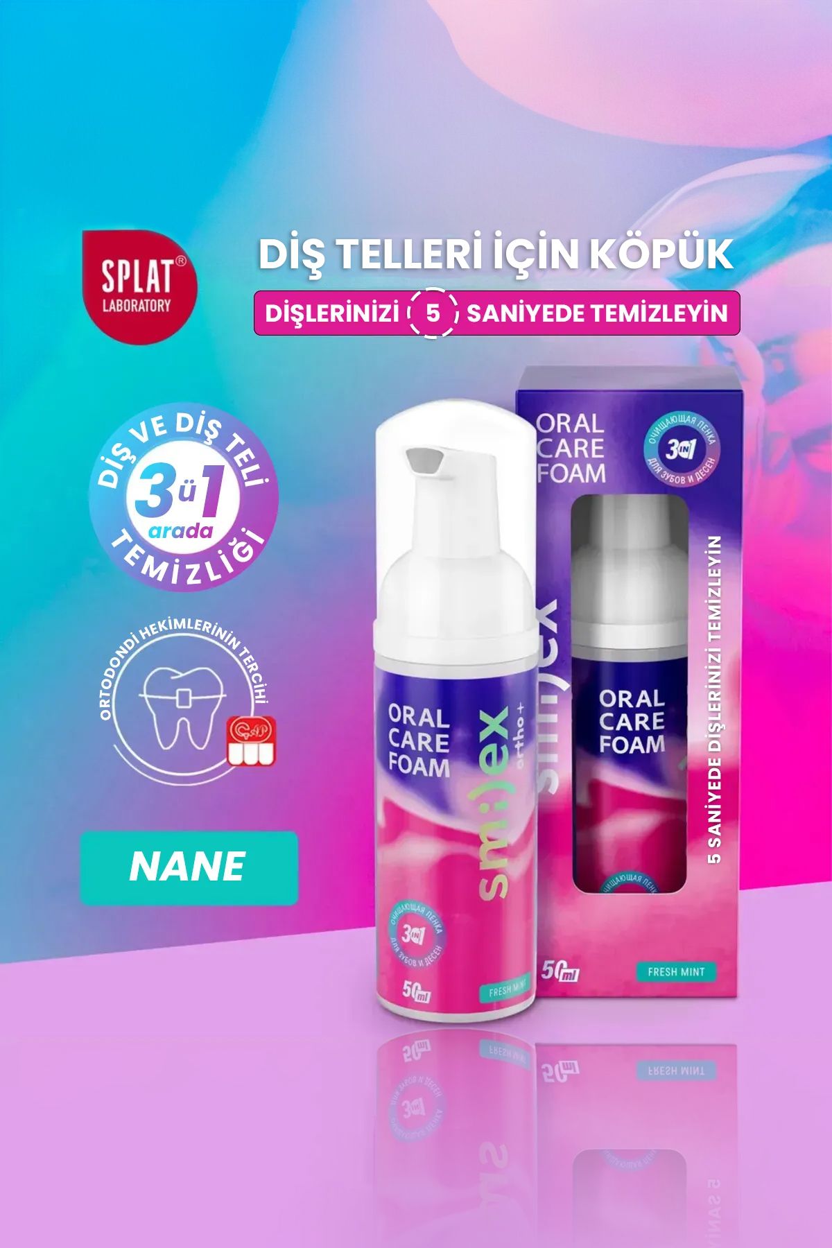 Splat Diş Ve Diş Telleri Için Beyazlatıcı Ağız Temizleme Köpüğü Nane Aromalı 3'ü 1 Arada 50 ml