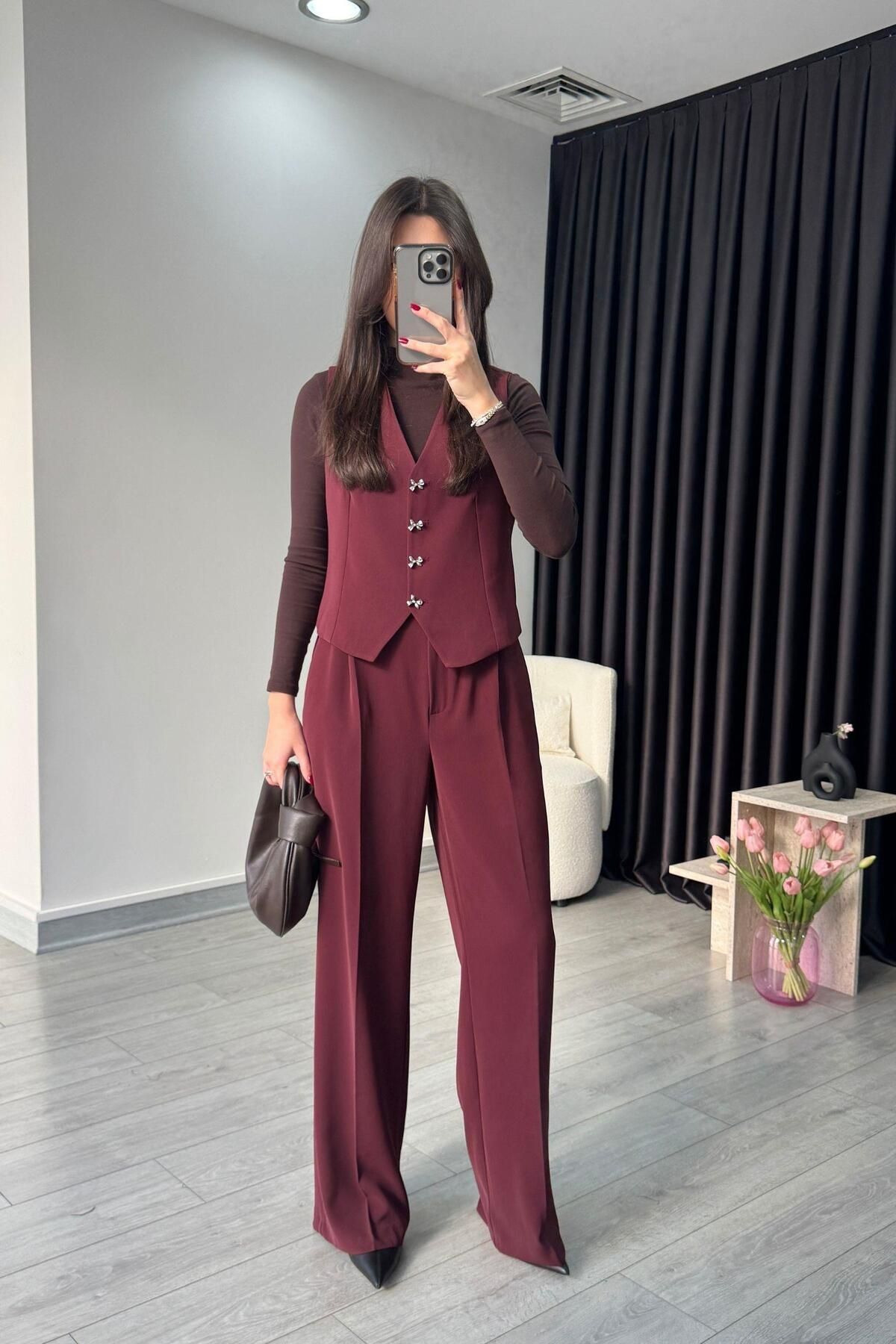 ECEMİ-Elisa Burgundy Vest Pants Set 1