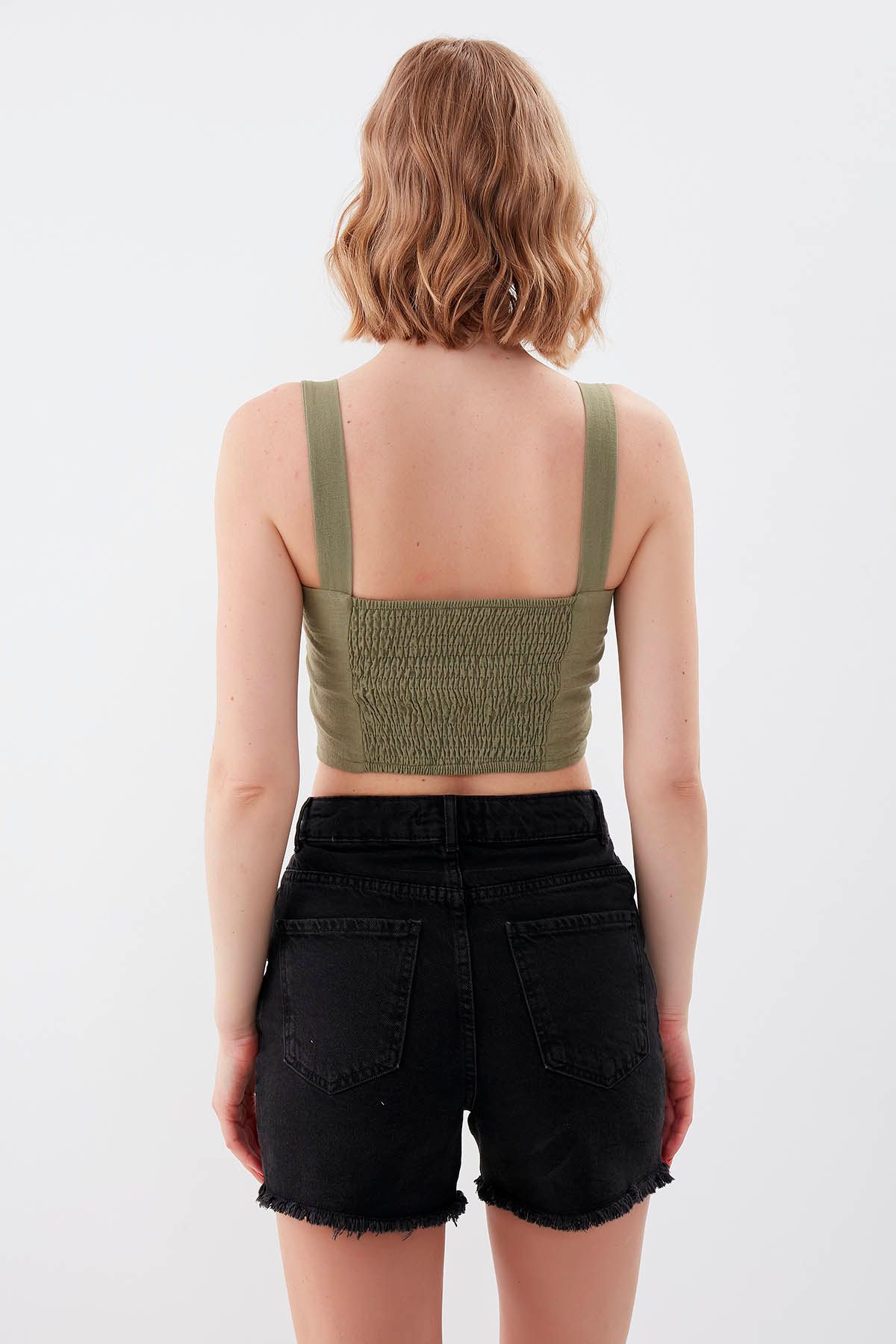 Vitrin-Pearl Buttoned Crop Blouse with Elastic Back 5
