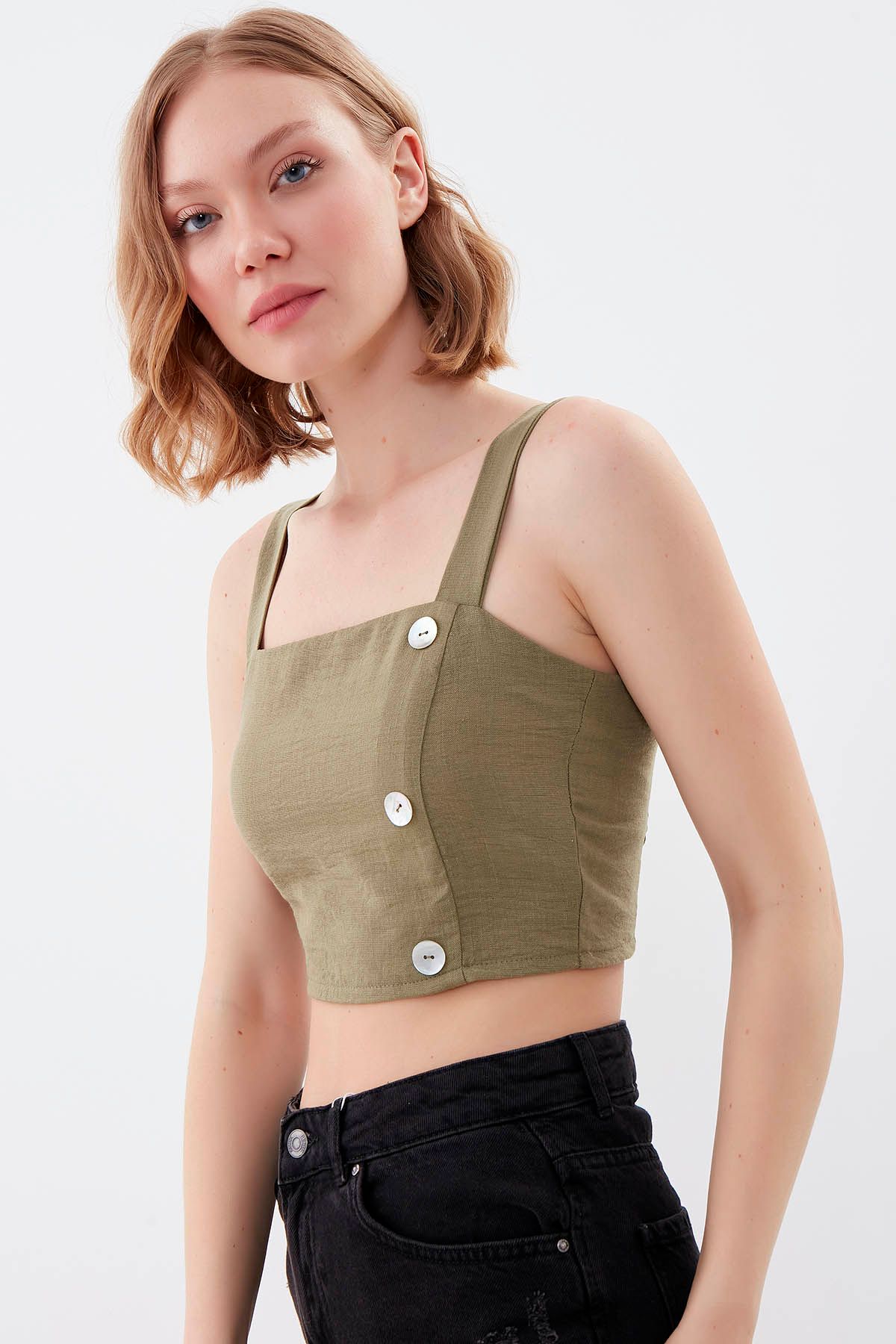 Vitrin-Pearl Buttoned Crop Blouse with Elastic Back 3