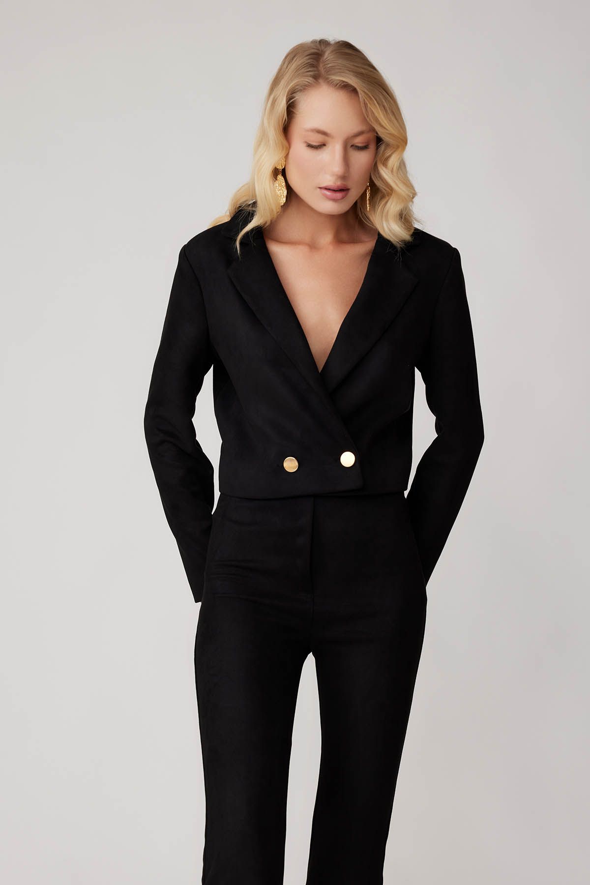 Vitrin-Double Button Lined Crop Suede Jacket 3