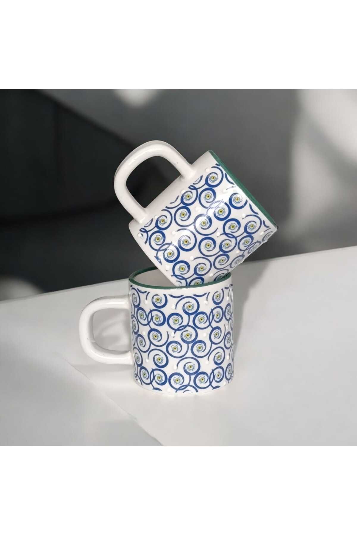 AGH 2'Lİ ÇİNİ DESENLİ SERAMİK EL İŞÇİLİĞİ KABARTMA NAZAR MOTİFLİ KUPA - MUG BARDAK