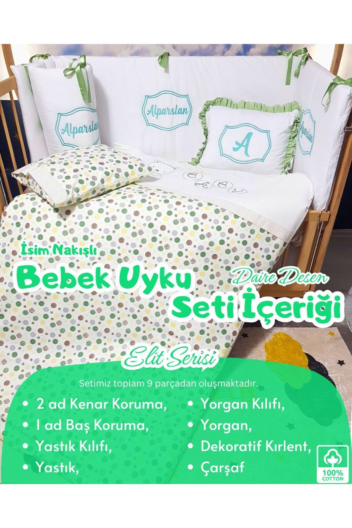 bebek iklimi Elit Serisi 60x120 İsimli Bebek Uyku Seti Pamuklu - Yeşil Daire, Nakışlı Kenar Korumalık ve Kırlent