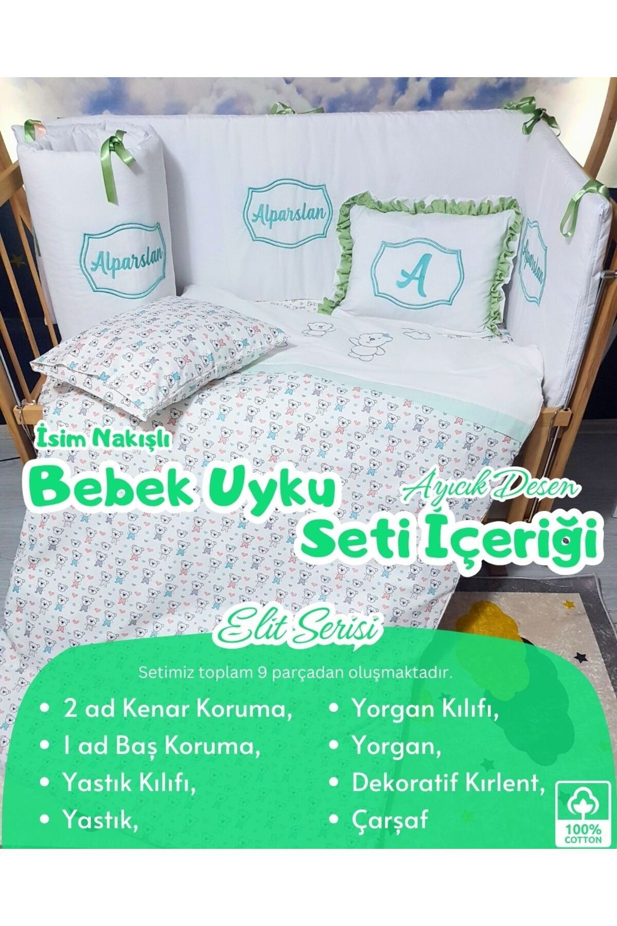 bebek iklimi Elit Serisi 60x120 İsimli Bebek Uyku Seti Pamuklu - Yeşil Ayıcık, Nakışlı Beşik Korumalık ve Kırlent