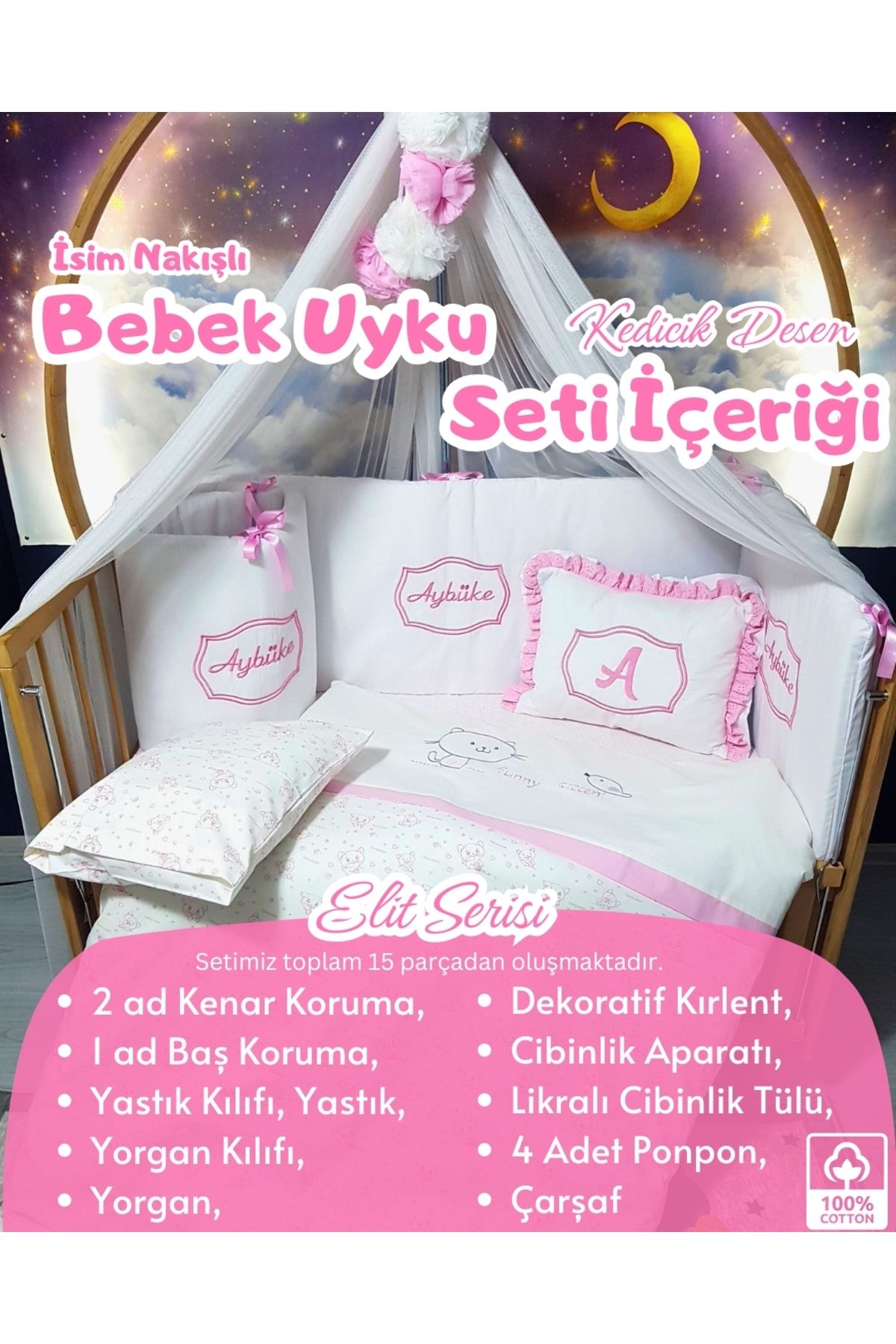 bebek iklimi Elit Serisi 60x120 Bebek Uyku Seti Pamuklu - Pembe Kedicik, Lüks Cibinlikli ve İsim Nakışlı Kırlent