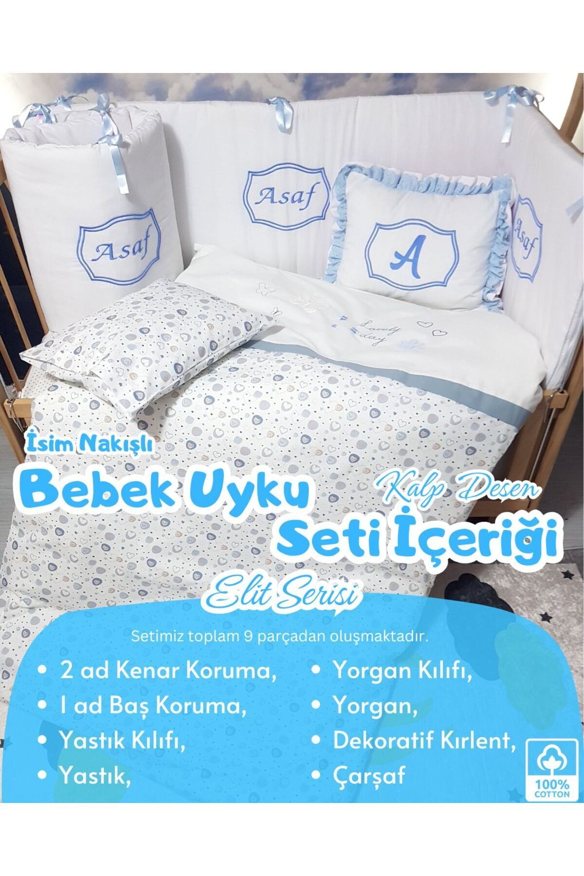 bebek iklimi Elit Serisi 60x120 İsimli Bebek Uyku Seti Pamuklu - Mavi Kalp, Nakışlı Beşik Korumalık ve Kırlent