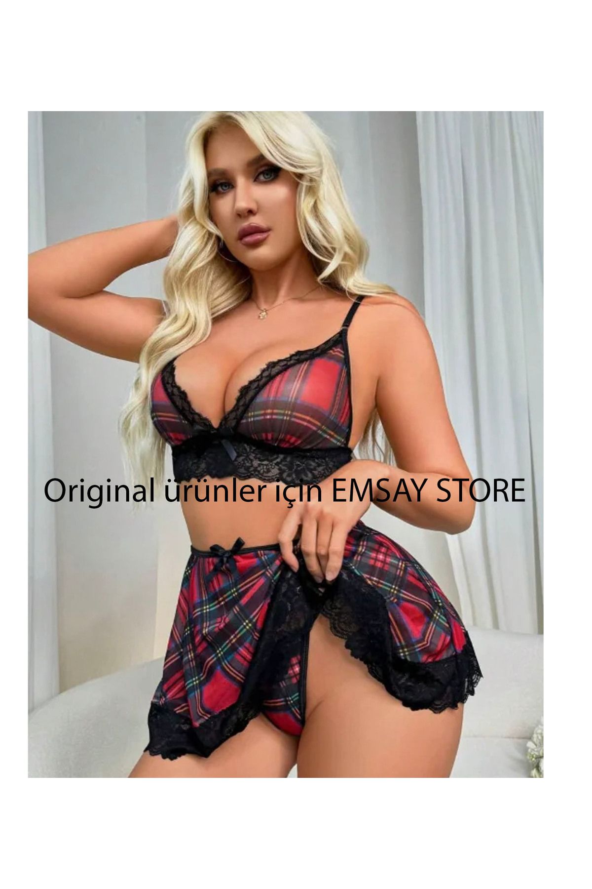 Emsay Store-Secret Desire Series Fancy Sexy Lace Plaid Bra Mini Skirt Suit 2