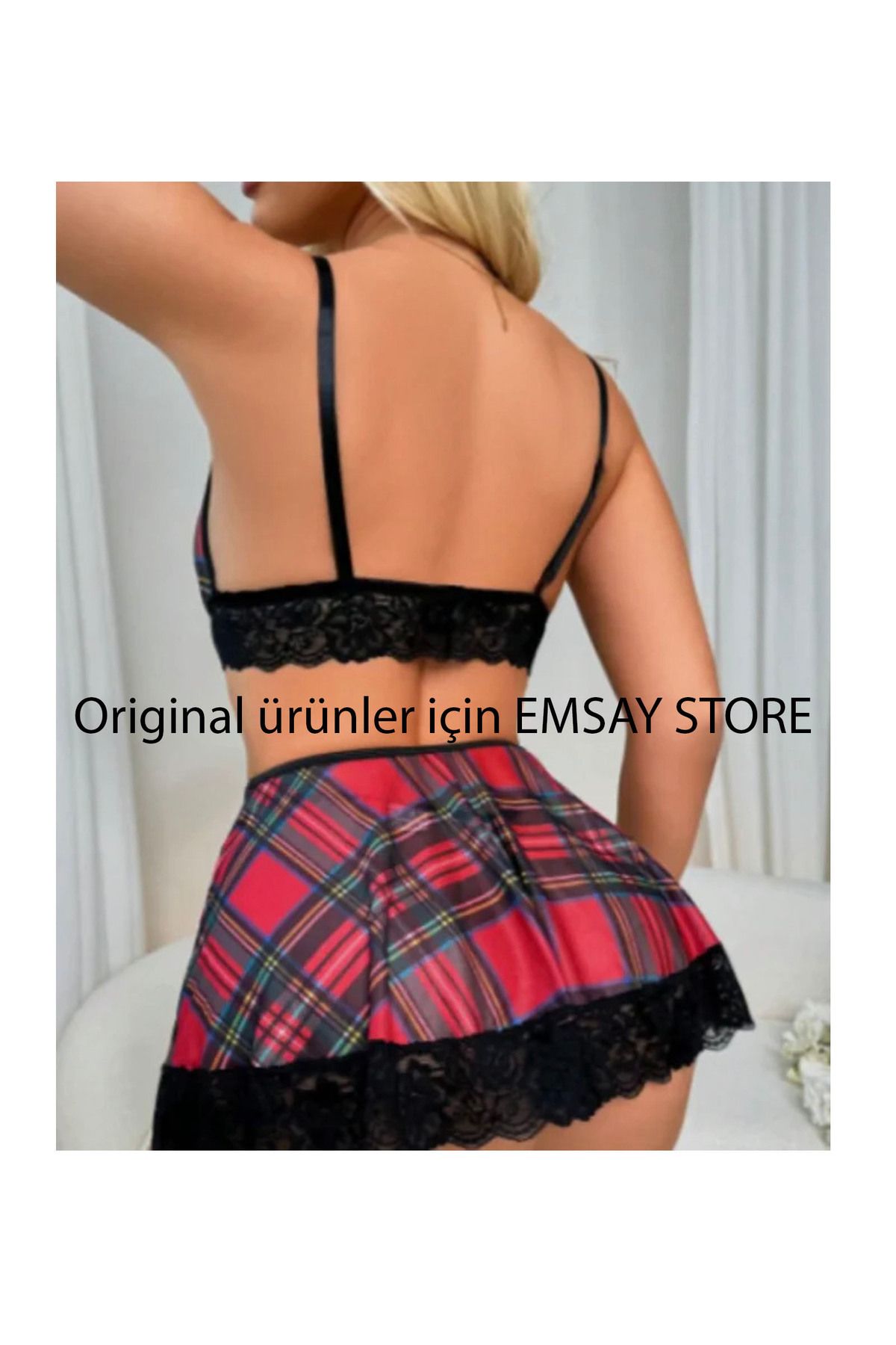 Emsay Store-Secret Desire Series Fancy Sexy Lace Plaid Bra Mini Skirt Suit 1