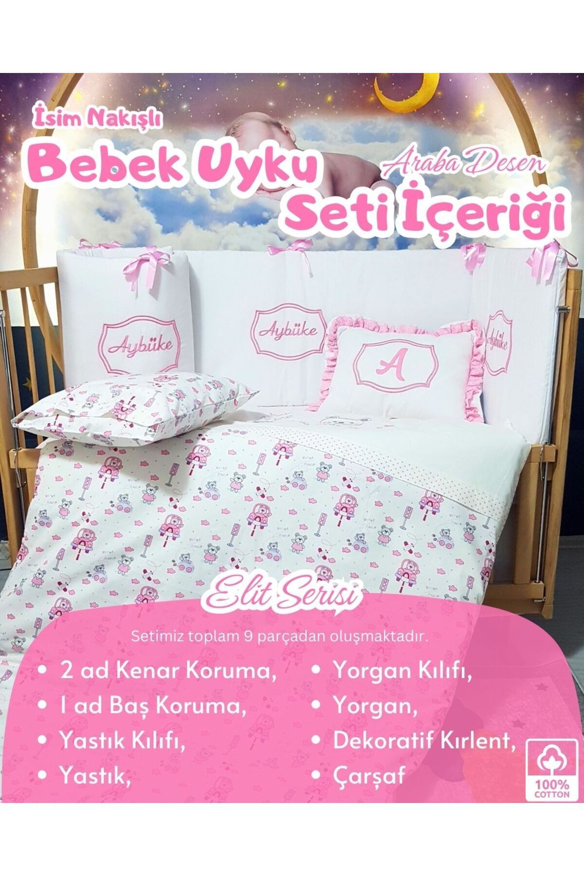 bebek iklimi Elit Serisi 80x130 İsimli Bebek Uyku Seti Pamuklu - Pembe Araba, Nakışlı Beşik Korumalık ve Kırlent