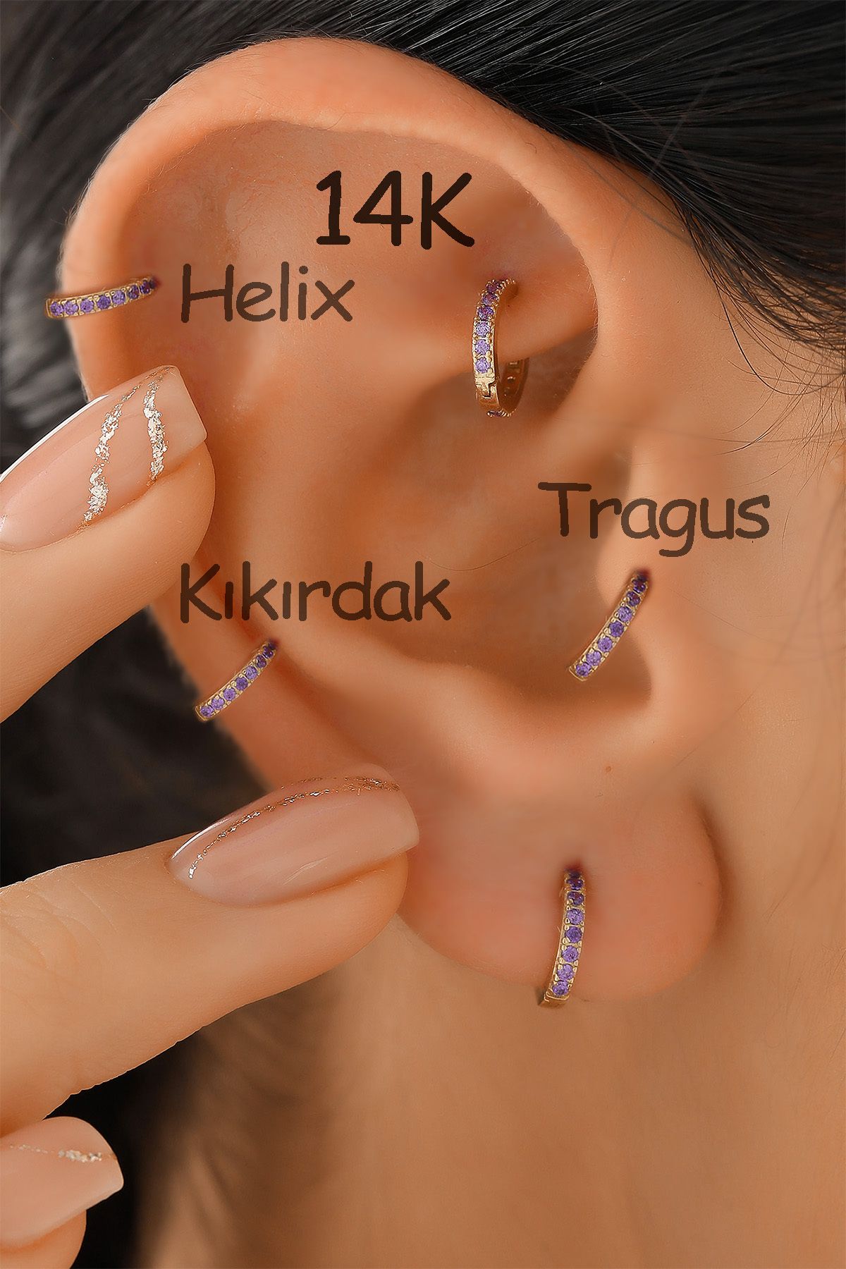 Garogold (Tek küpe) 14Ayar Altın Halka Ametist Tragus Piercing 0.35gram Mor Taşlı Kıkırdak Küpesi Helix