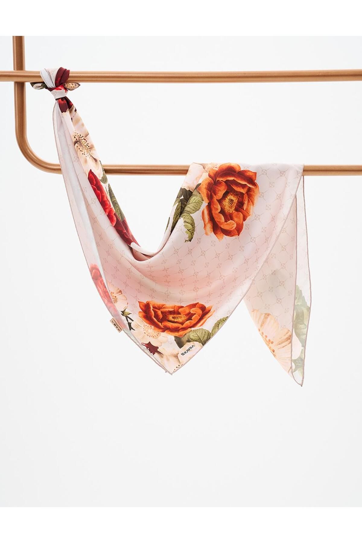 Kayra-Mildew Green Floral Patterned Monogram Scarf 1