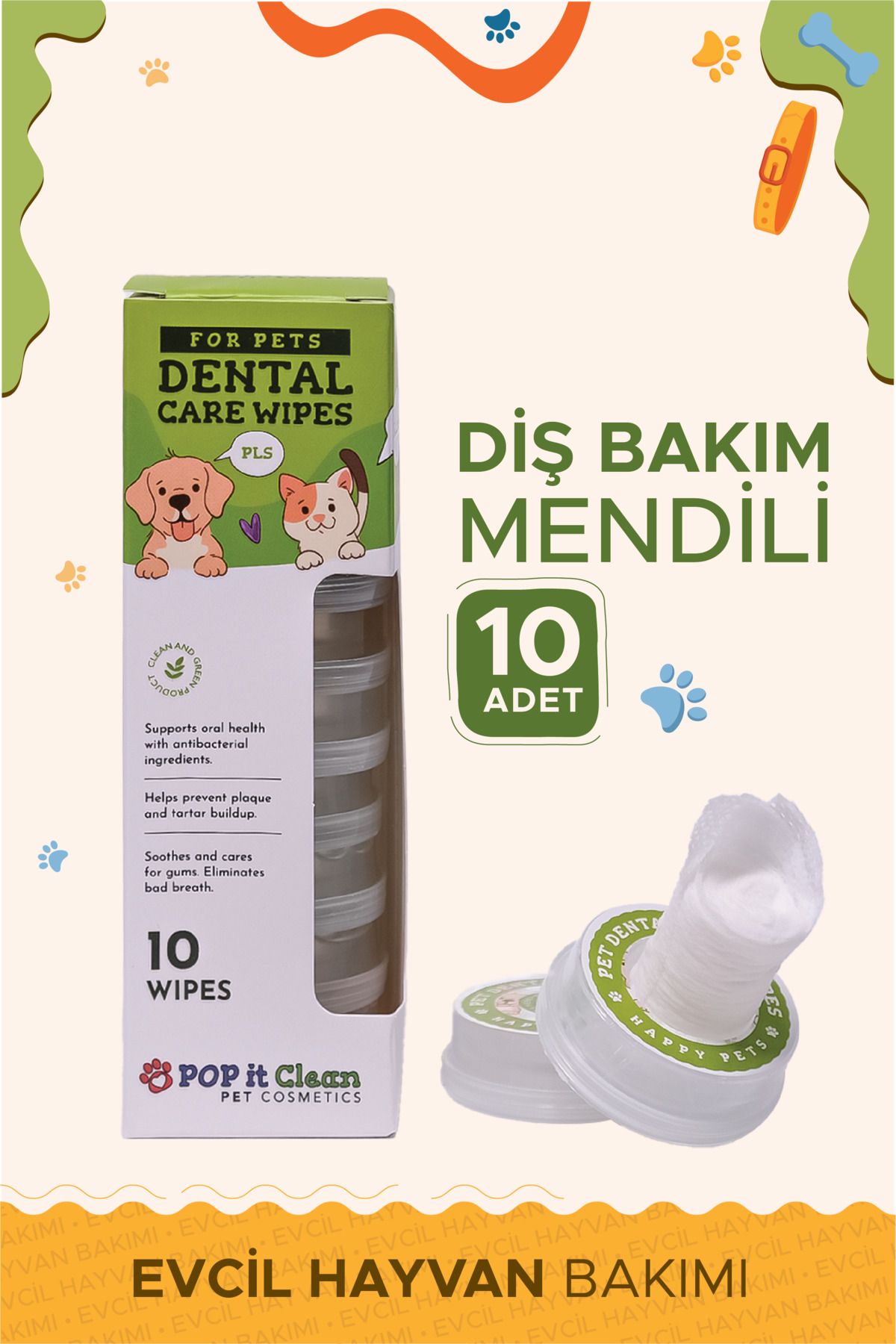 popitclean Evcil Hayvan Kedi & Köpek Diş Bakım ve Temizleme Mendili