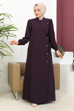 Nevayla Moda Bağlamalı Çıt Çıt Detaylı Ferace - Mürdüm