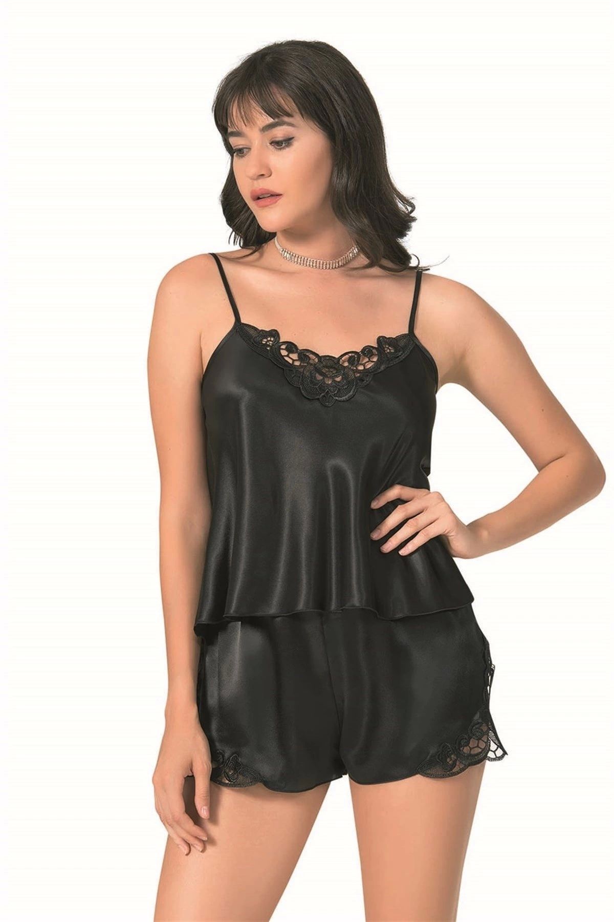 Şekil Siyah Saten Babydoll Şort Takımı