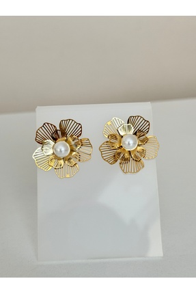 Tasarım Gold Çelik İnci Detaylı Vintage Çiçek Küpe