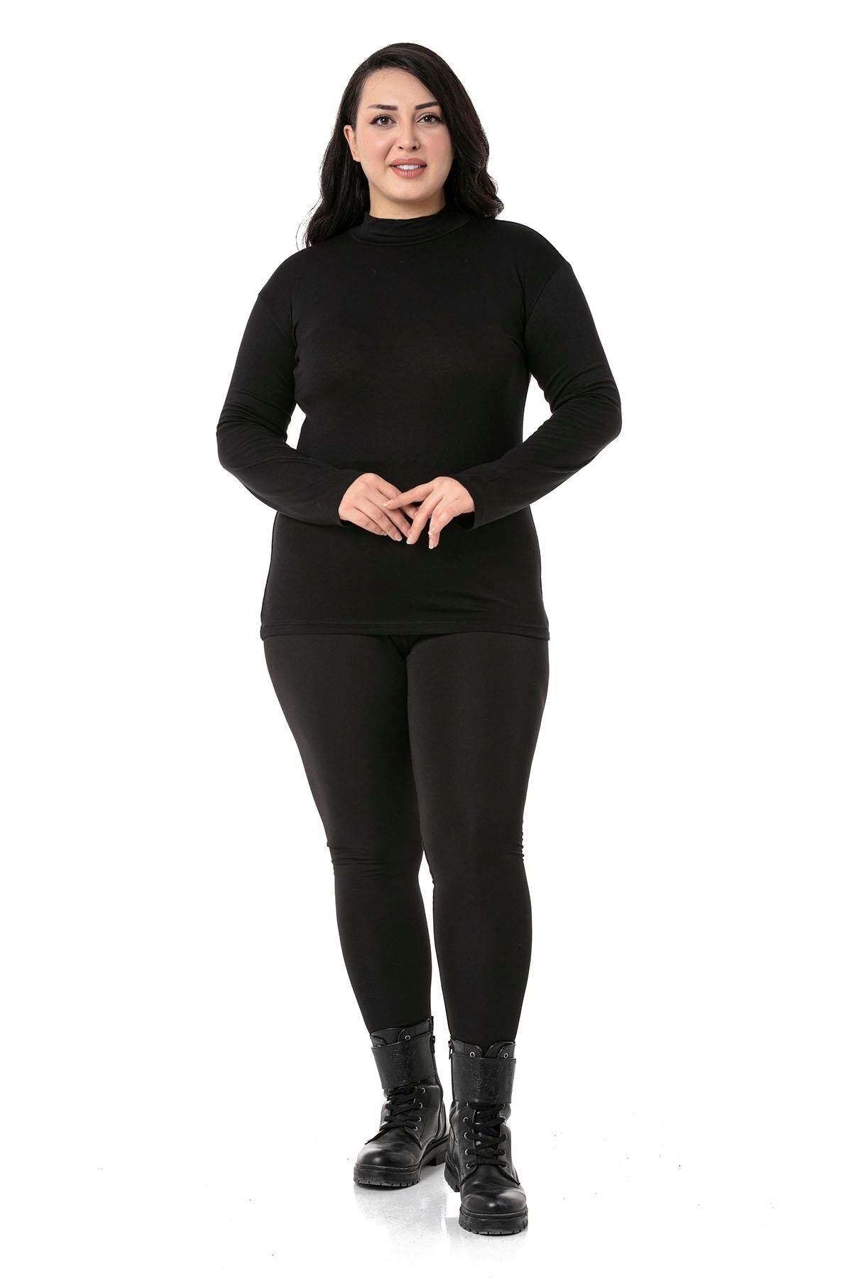 DISENTIS MODEST Büyük Beden Yarım Balıkçı Uzun Kollu Viskon Siyah Body görsel 2