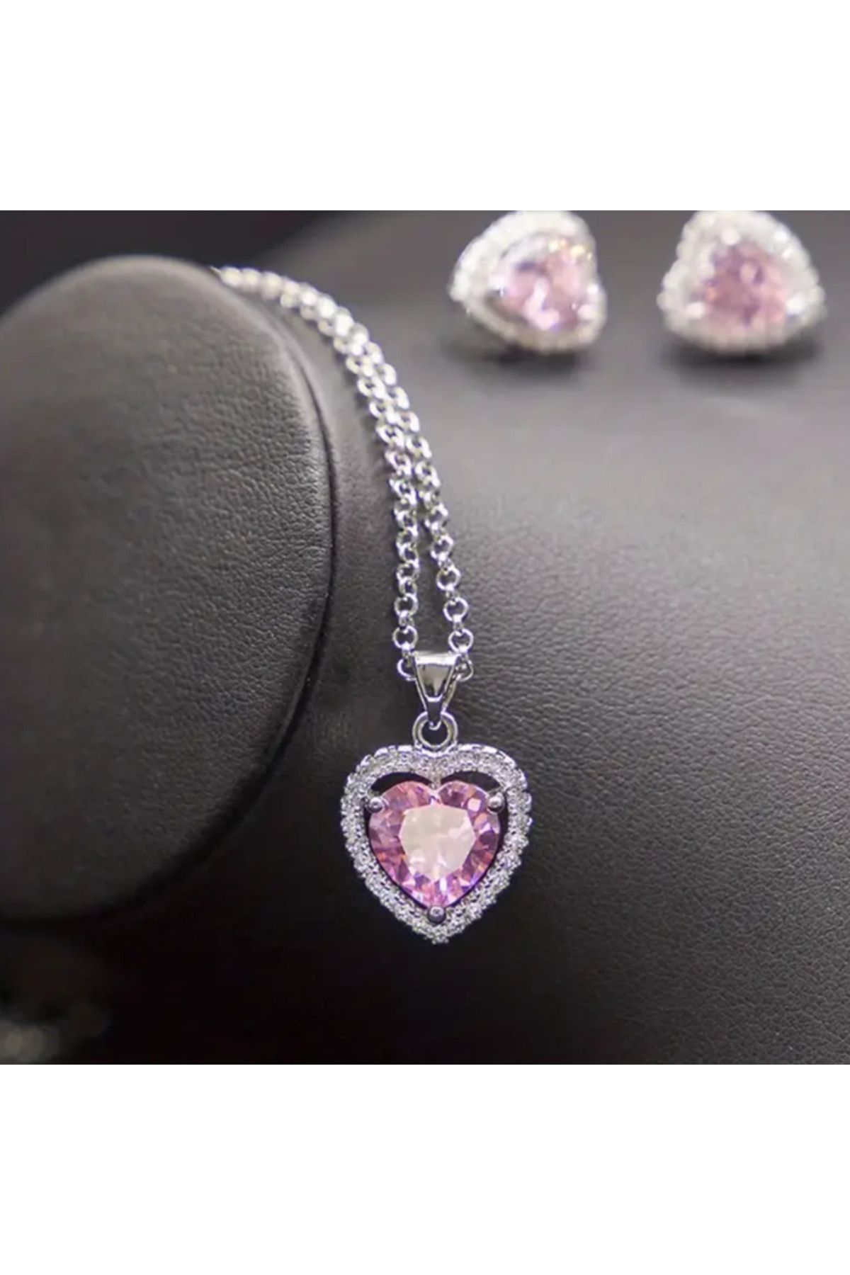 SE Jewellery Çelik Gümüş Renk Pembe Zirkon Taşlı Kalpli Kolye Küpe Ciddi İlişki Set