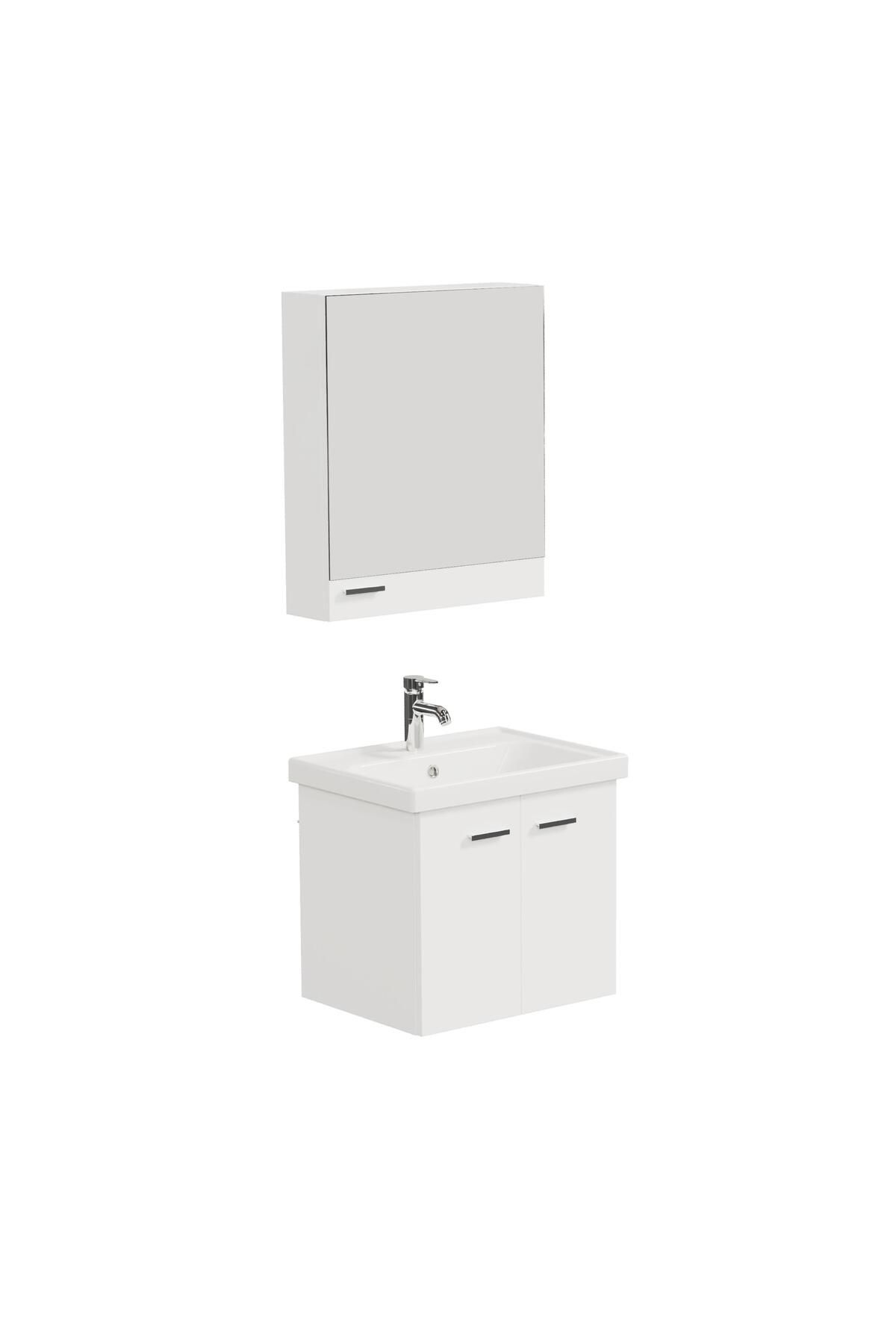 AQUA BAGNO Basic Alt dolap + Üst dolap -Lavabo dahil-Beyaz ,60 cm. 3 parça