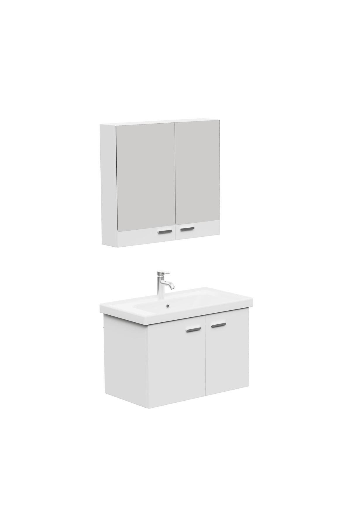 AQUA BAGNO Basic Alt dolap + Üst dolap -Lavabo dahil-Beyaz ,80 cm. 3 parça