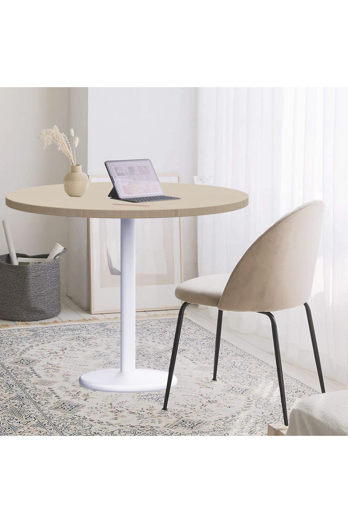 Mahmayi-Round Pantry Table, Simple Modern Design Coffee Task for Home Office, (120 cm Dia, Linen) 5