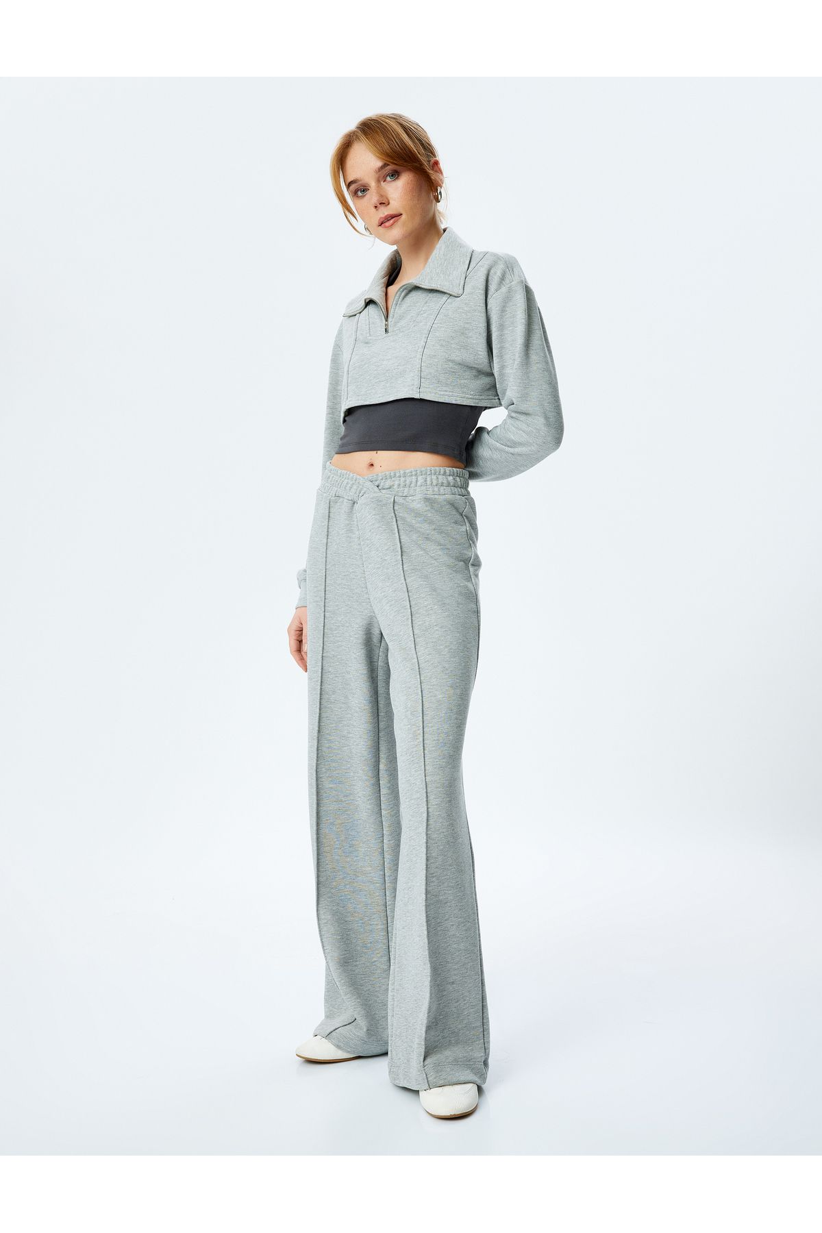 Koton-Ribbed Wide Leg Sweatpants with Asymmetrical Waist Detail 2