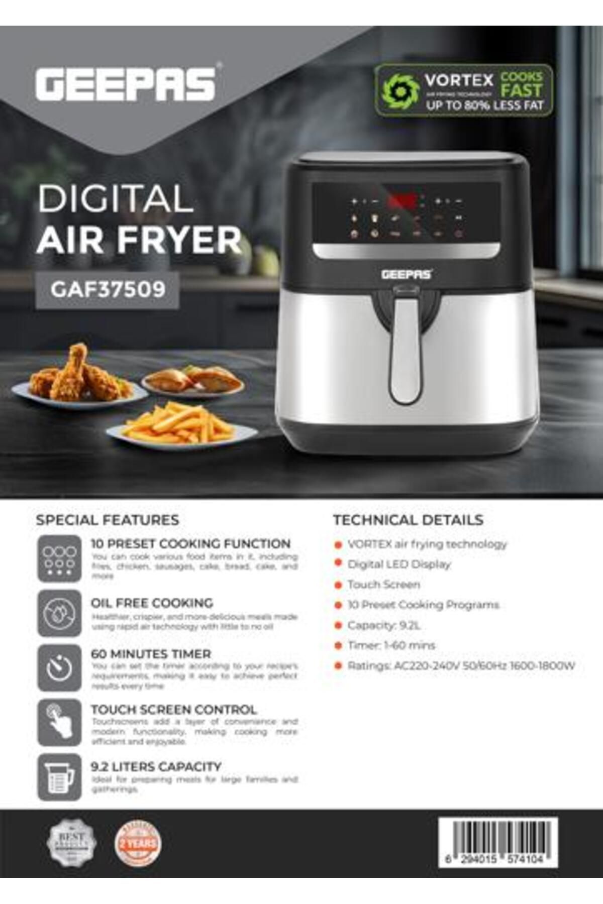 Geepas-Digital Air Fryer- 9.2 Liter Capacity,  60 Min Timer/ Vortex Technology, 10 Preset Programs 2