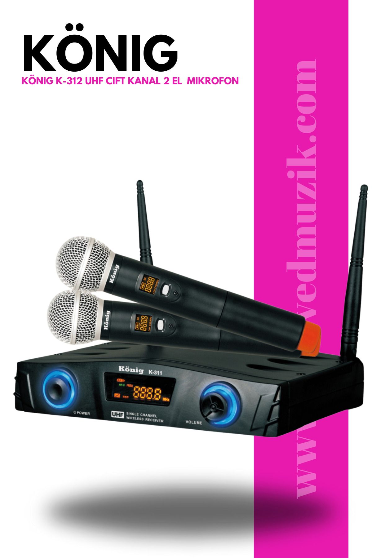 König Köni̇g K-312 2 Kanal Uhf 300hz-20khz 100 Metreye Kadar Çeki̇m Gücü Olan Çi̇ft El Mi̇krofon