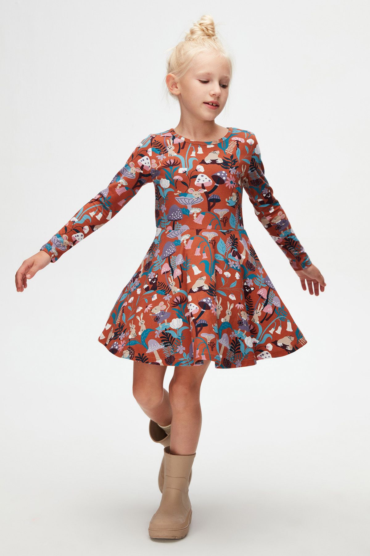 LOVETTI-Brown Girl's Forest Animals Pattern Long Sleeve Dress 2