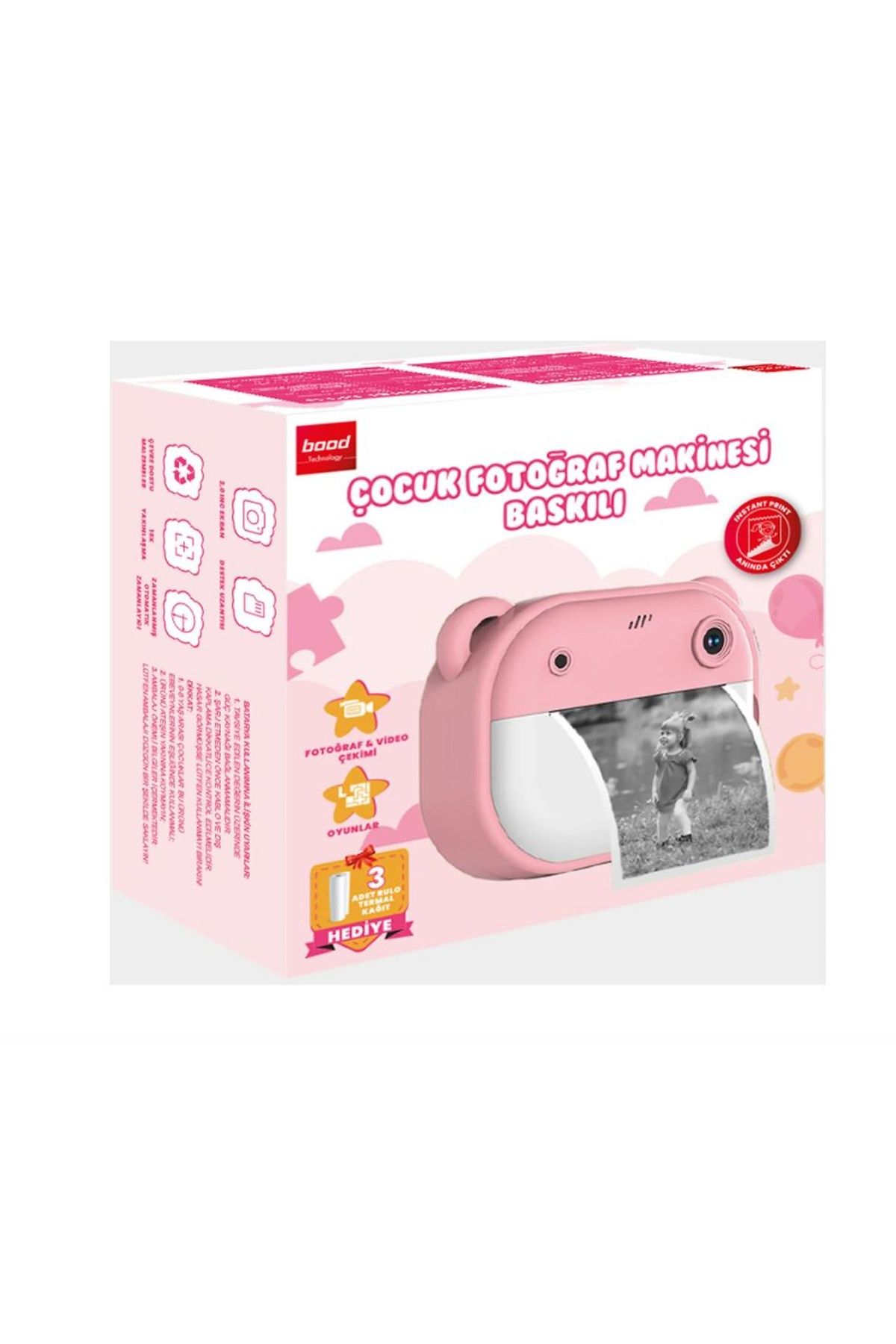 Bood FB-60 Baskılı Çocuk Fotoğraf Makinesi Pembe