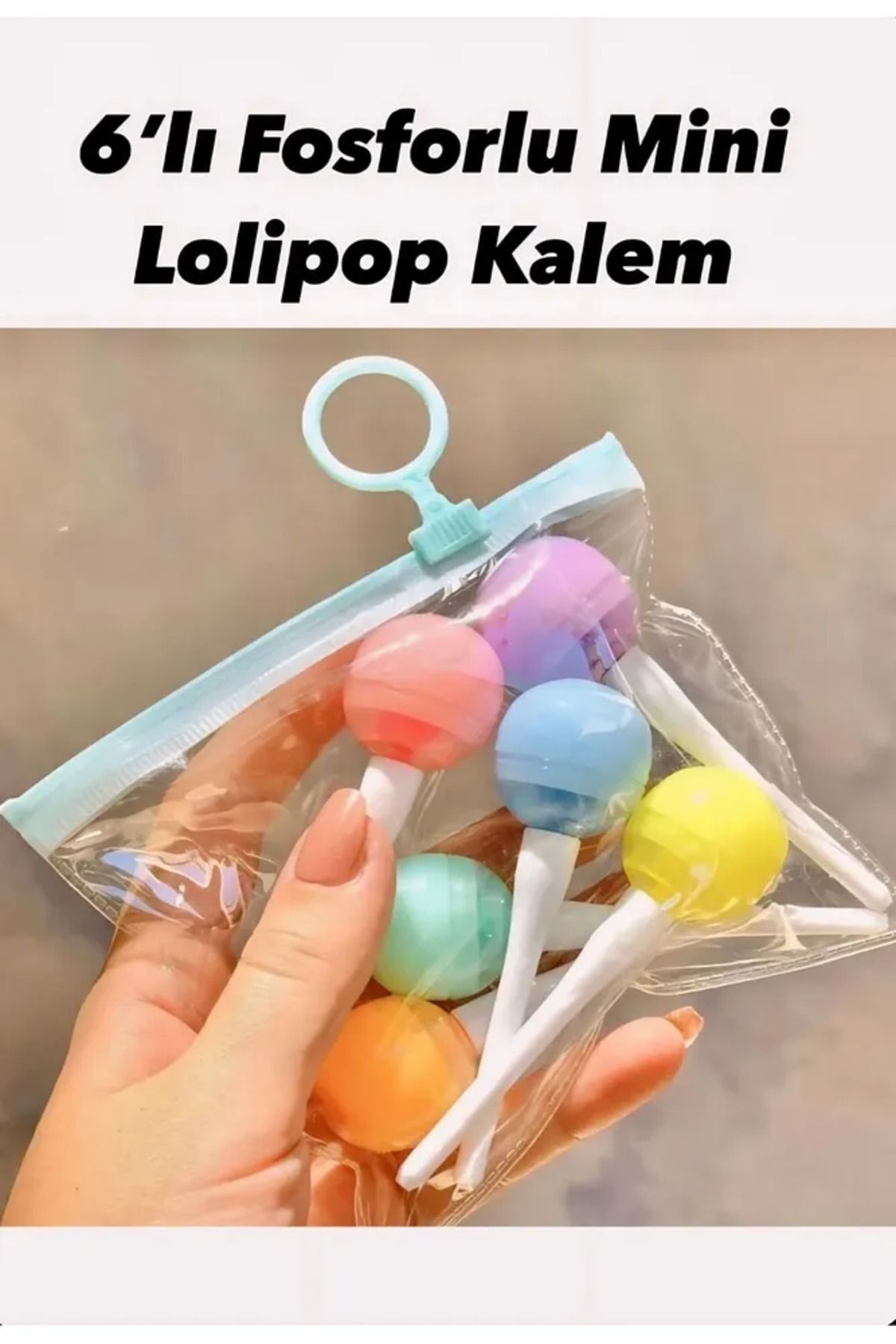 shop Mini Renkli Fosforlu 6’lı Lolipop Tasarımlı Çantalı Şirin Kalem Seti/ Işaret Kalemi