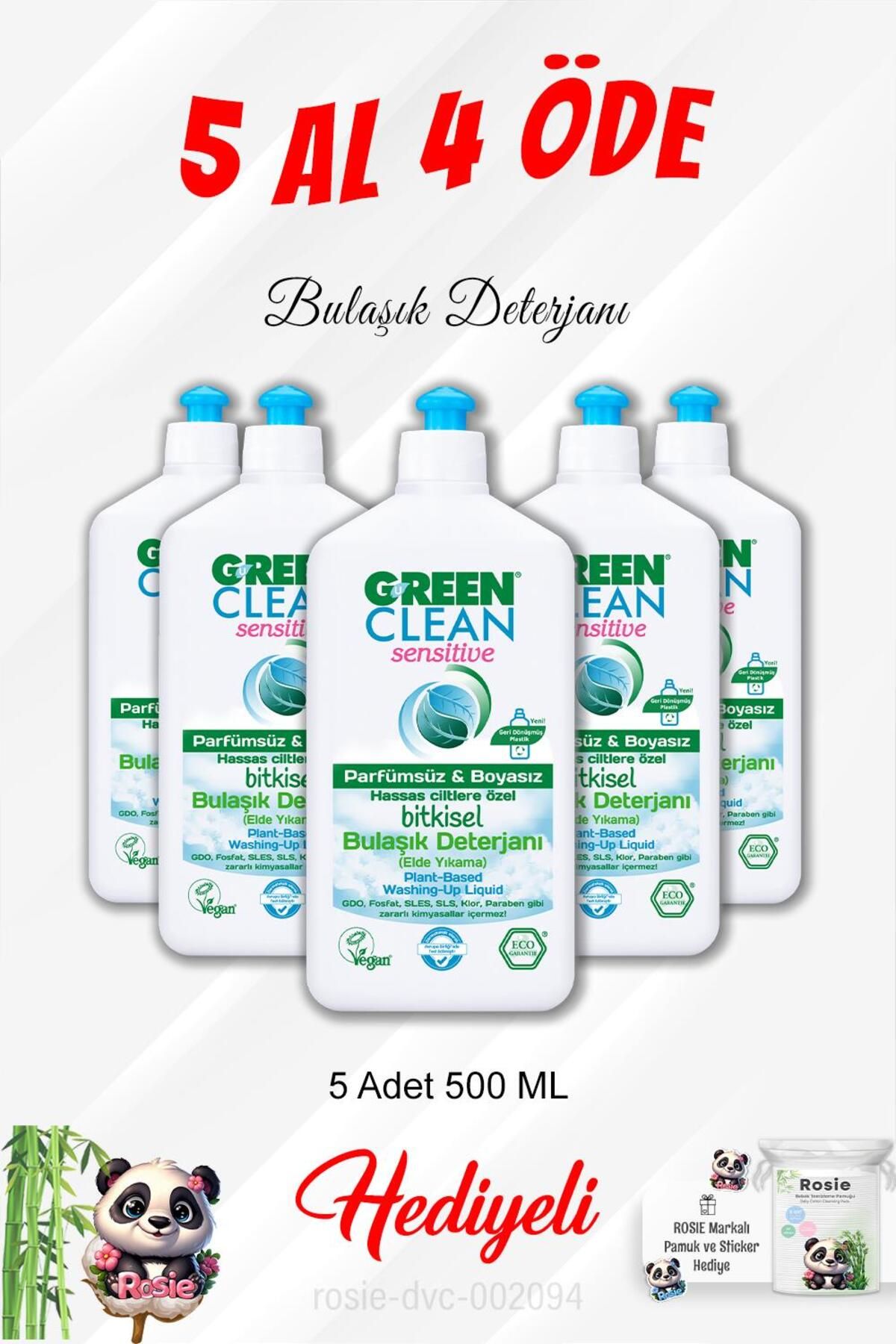 Green Clean Bitkisel Bulaşık Deterjanı 5 Al 4 Öde 500 ml Ve Rosie Pamuk