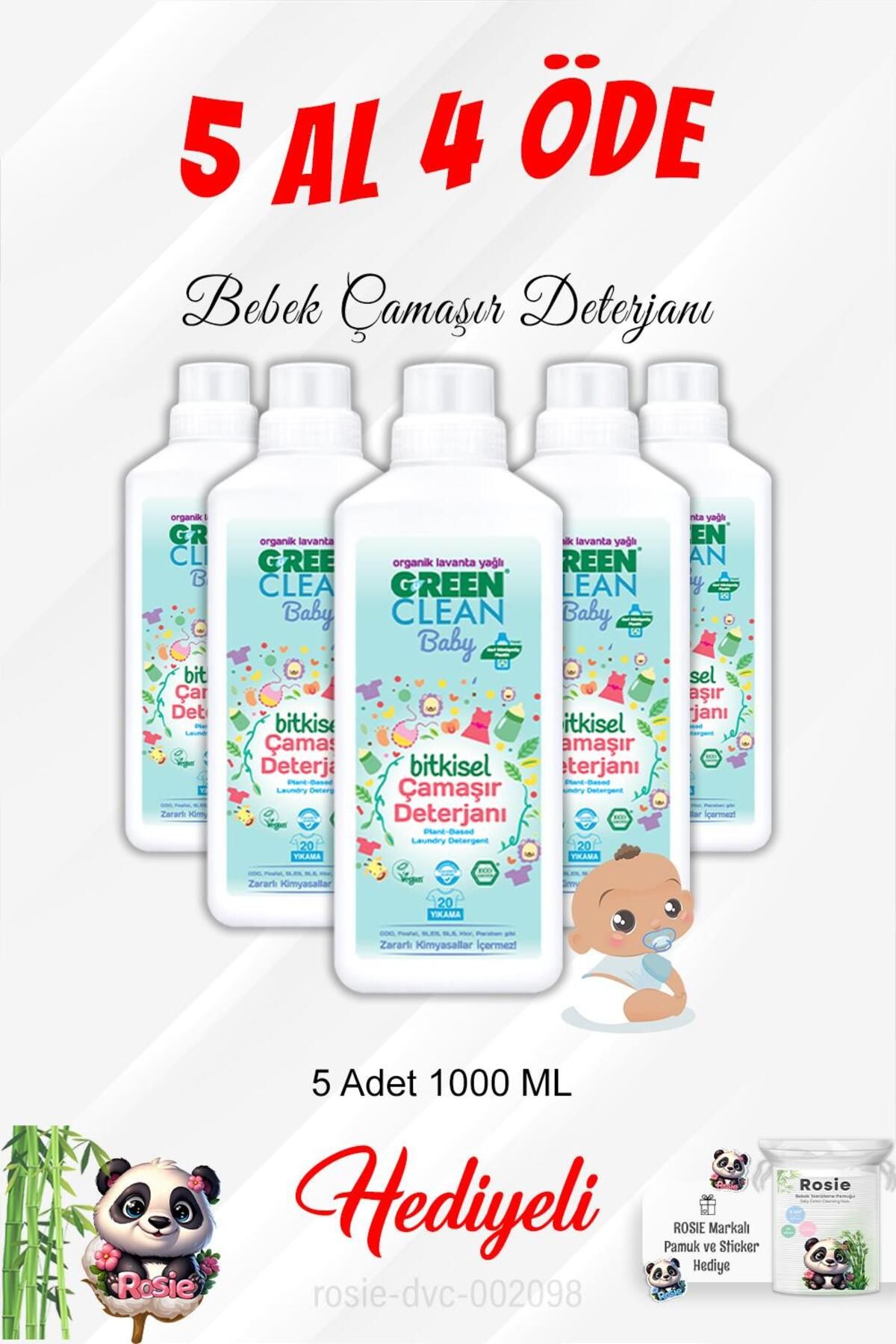 Green Clean Bebek Çamaşır Deterjanı 5 Al 4 Öde 1000 ml Ve Rosie Pamuk