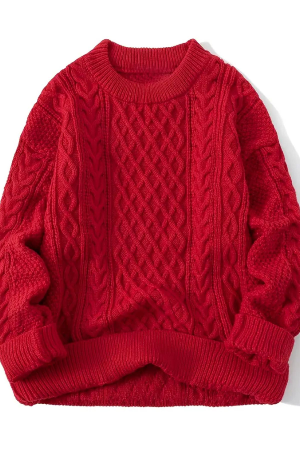 COOL TARZ-Men's Red Hair Braided Run Regular Fit Crew Neck Knitwear Sweater 3