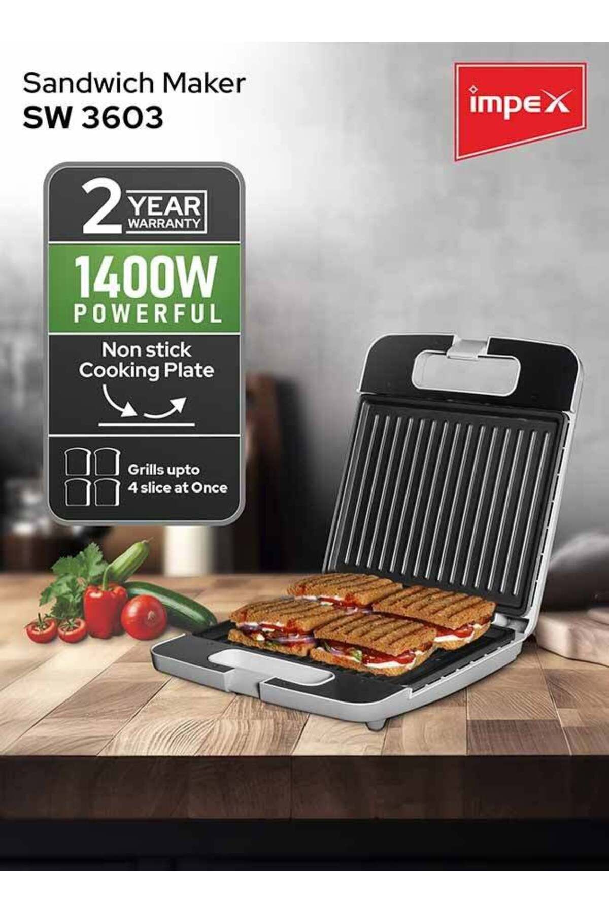 İMPEX-Sandwich Maker Sw3603 - Non Stick Plates, 4 Slice, Cool-touch, Compact Storage, 1400w White 2