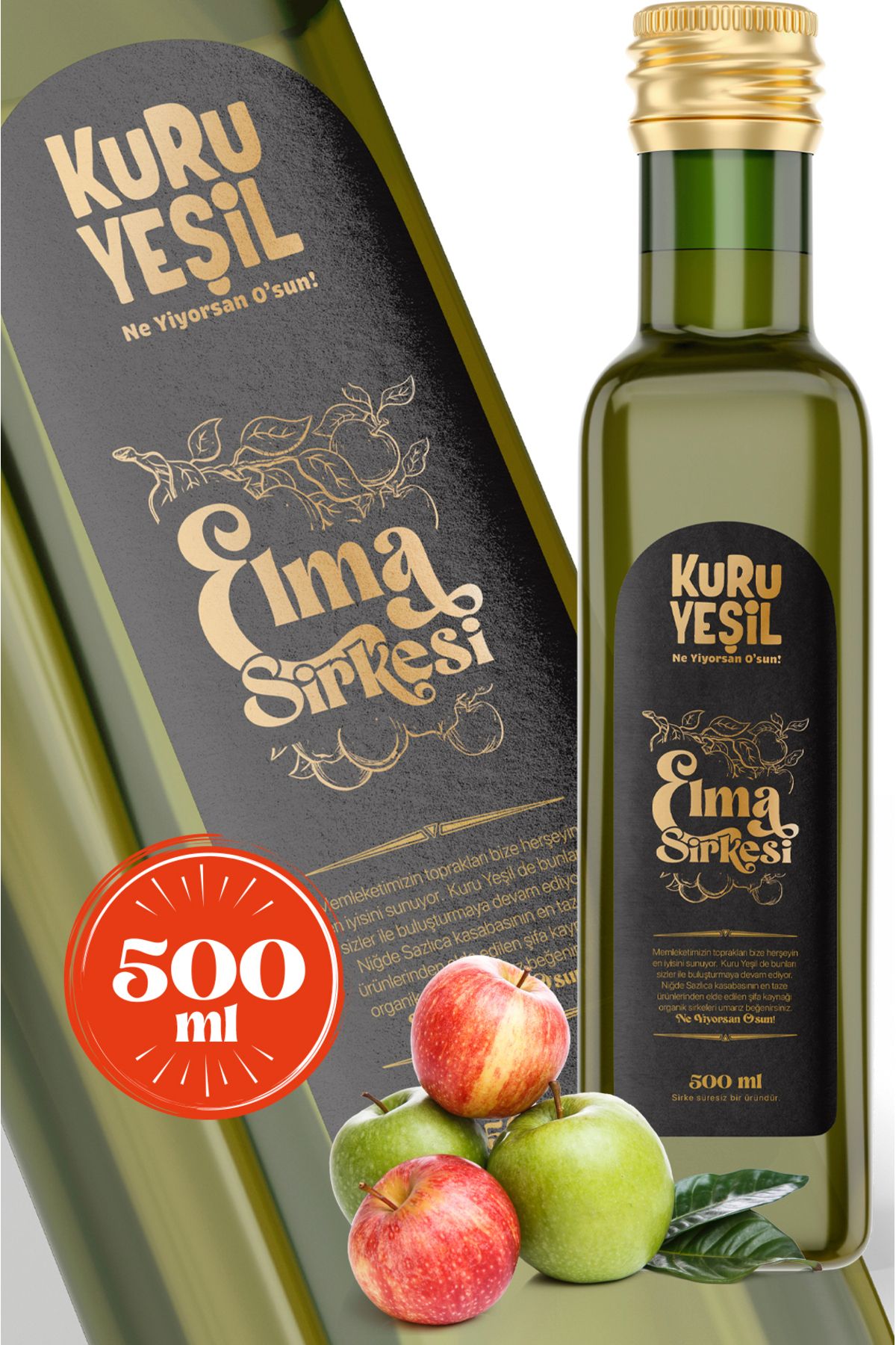 Kuru Yeşil Sağlıklı Atıştırmalıklar Elma Sirkesi - Sirke - Detox Sirkesi - Doğal Elma Sirkesi - 500 ML