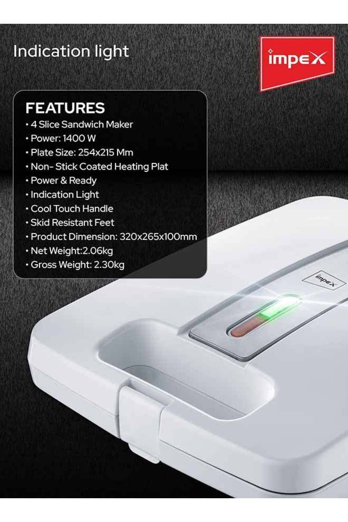 İMPEX-Sandwich Maker Sw3603 - Non Stick Plates, 4 Slice, Cool-touch, Compact Storage, 1400w White 7