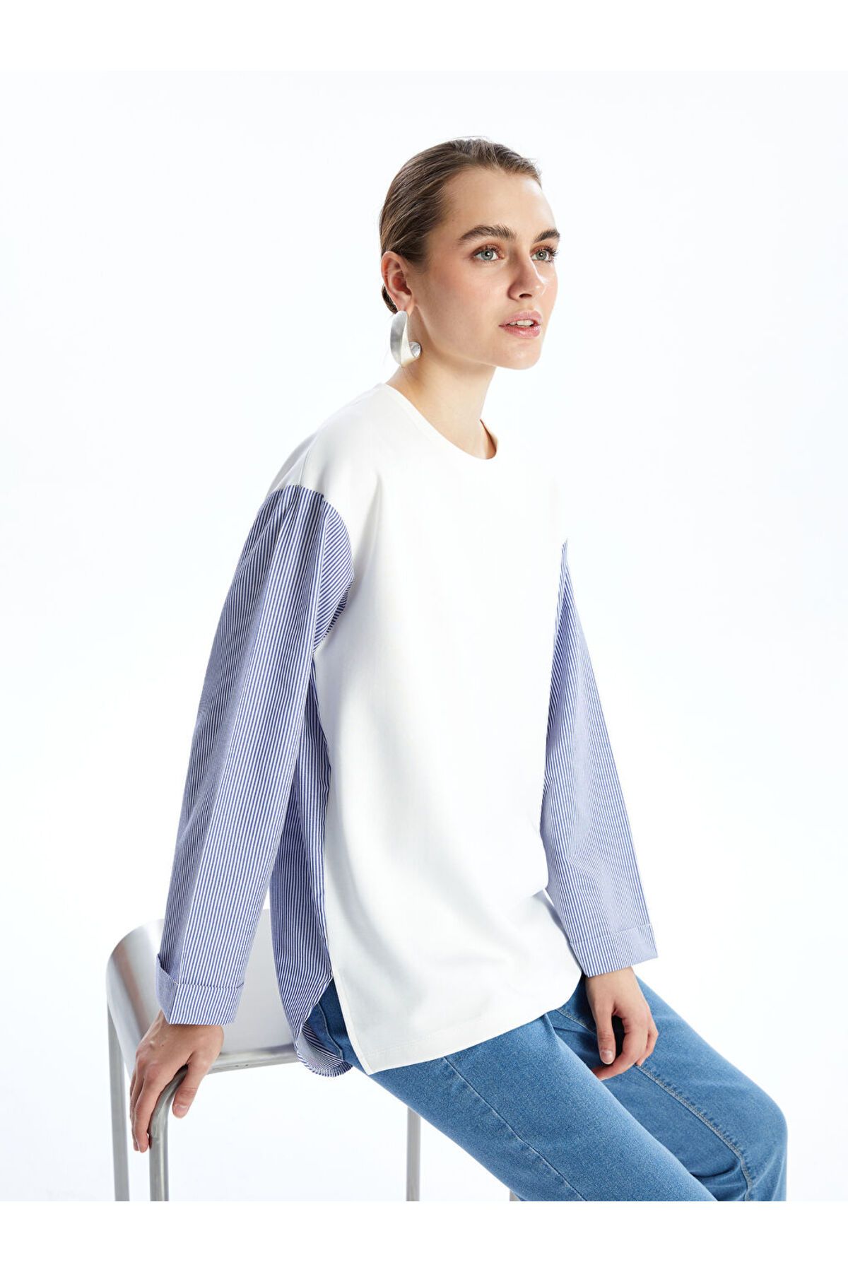LC Waikiki Bisiklet Yaka Çizgili Kadın Sweatshirt
