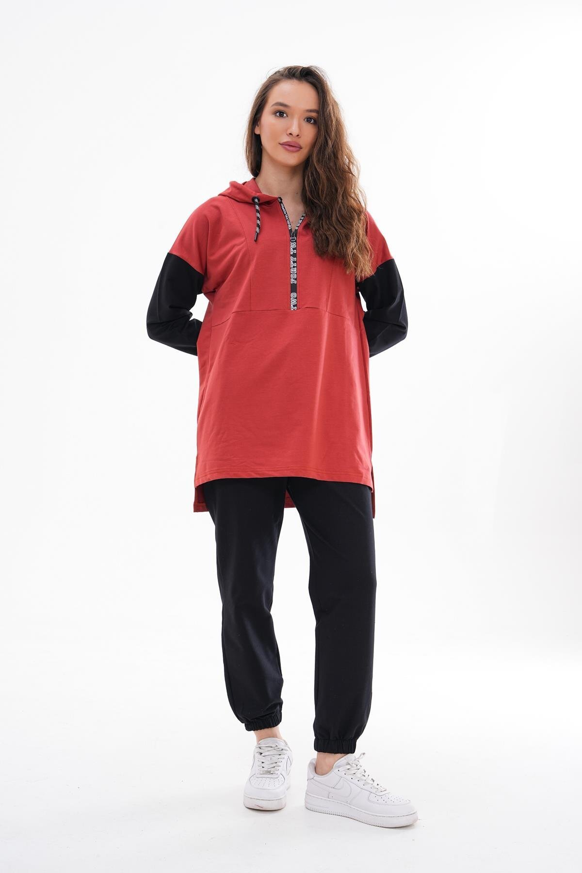 Kadın Yarım Fermuar Günlük Spor İkili Takım KİREMİT