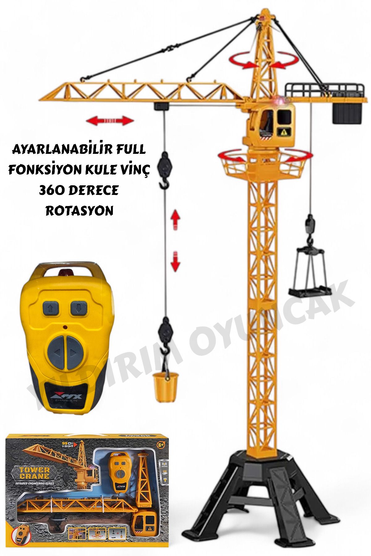 YILDIRIM OYUNCAK Uzaktan Kumandalı Kule Vinç 2.4 Ghz Sesli ve Işıklı Usb Şarjlı Full Fonksiyon Vinç 99 cm