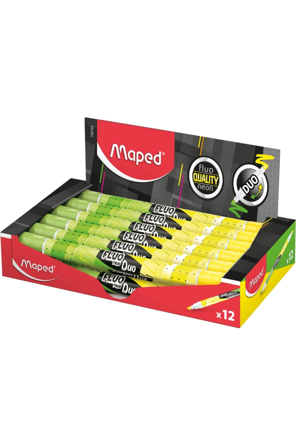 Maped Çift Uçlu Fosforlu Kalem (İşaret Kalemi) Fluo Duo Sarı-Yeşil 734133 (12 Li Paket)