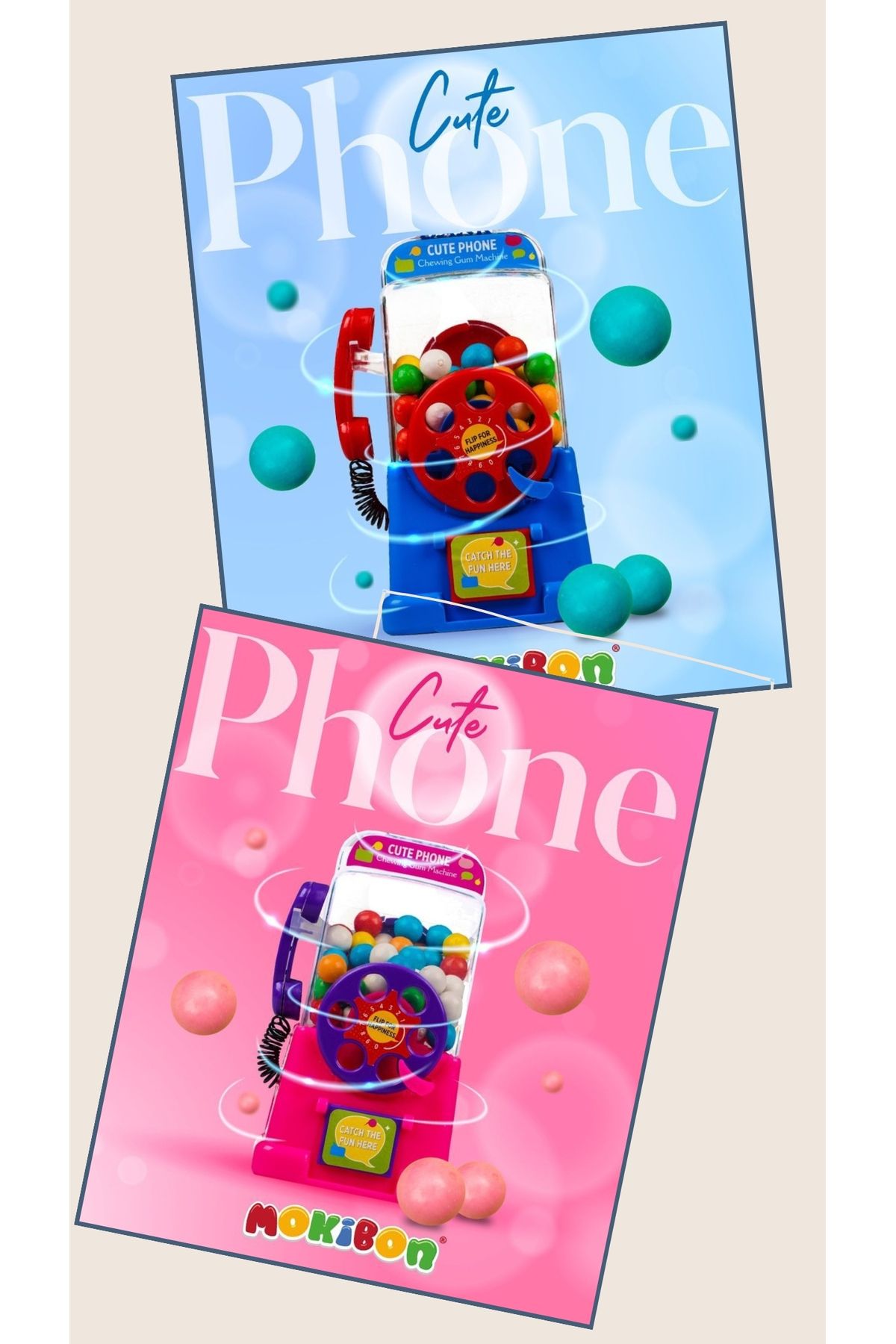 MOKIBON Cute Telefon Şeklinde Sakız Makinası (Pembe ve Mavi) x 2 Adet