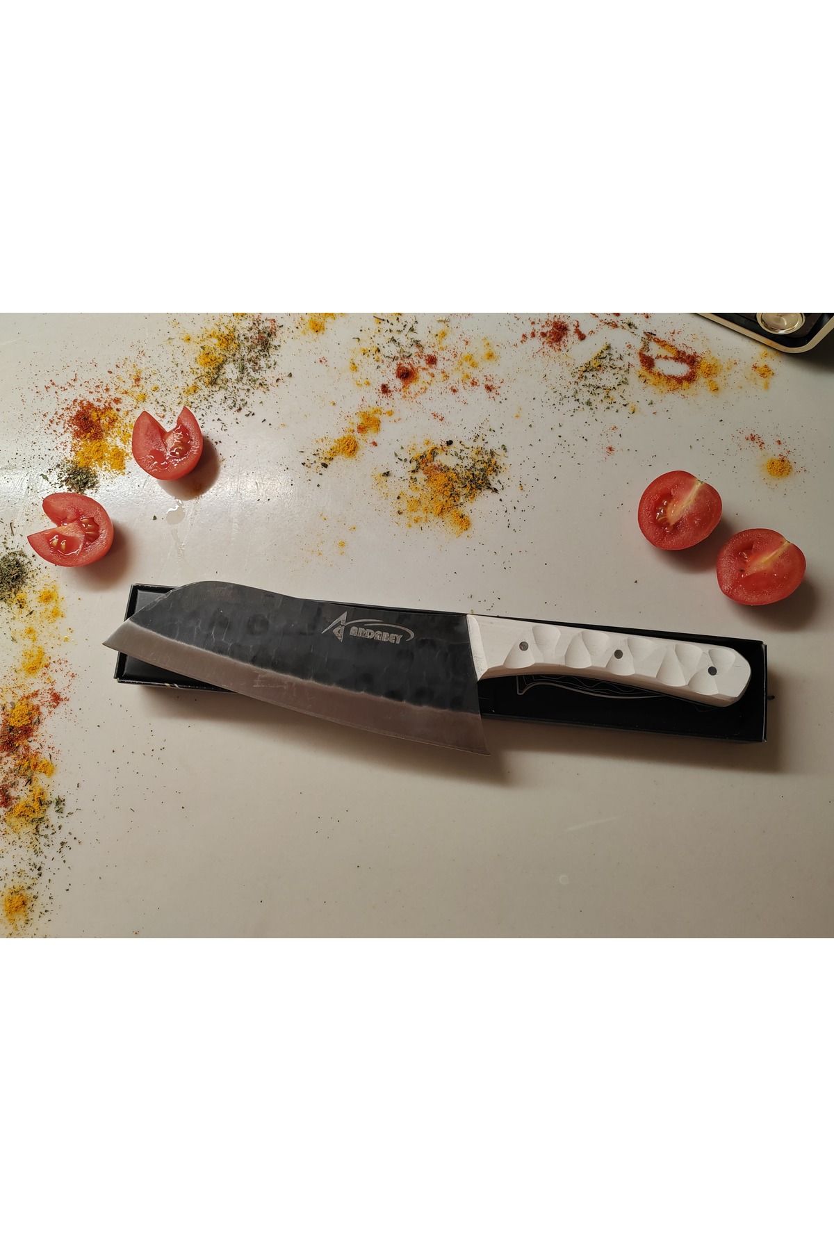 Ardabey Özel Üretim Mikarte Saplı Dövme El Işçiliği Santoku Şef Bıçağı