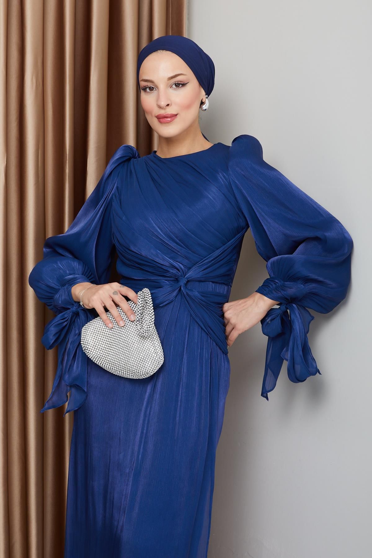 Olcay-Silk Hijab Yoryo Abendkleid – K. INDIGO 1224 mit Volant, Schleife und Ärmeln 3