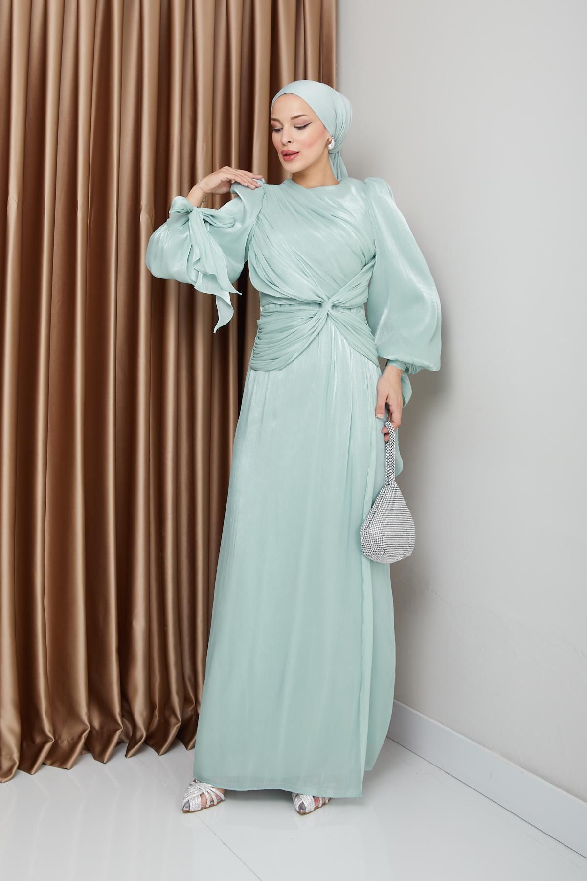 Olcay-Yoryo Seiden-Hijab-Abendkleid – Volant- und Schleifendetail, Ärmelschnürkleid MİNT 1224 6